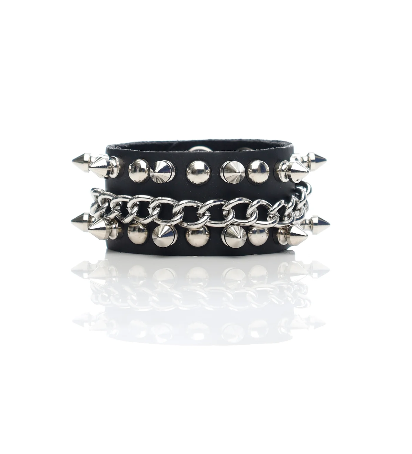 1/2" Spike,Chain & Round Stud Snap Bracelet, Black/Silver