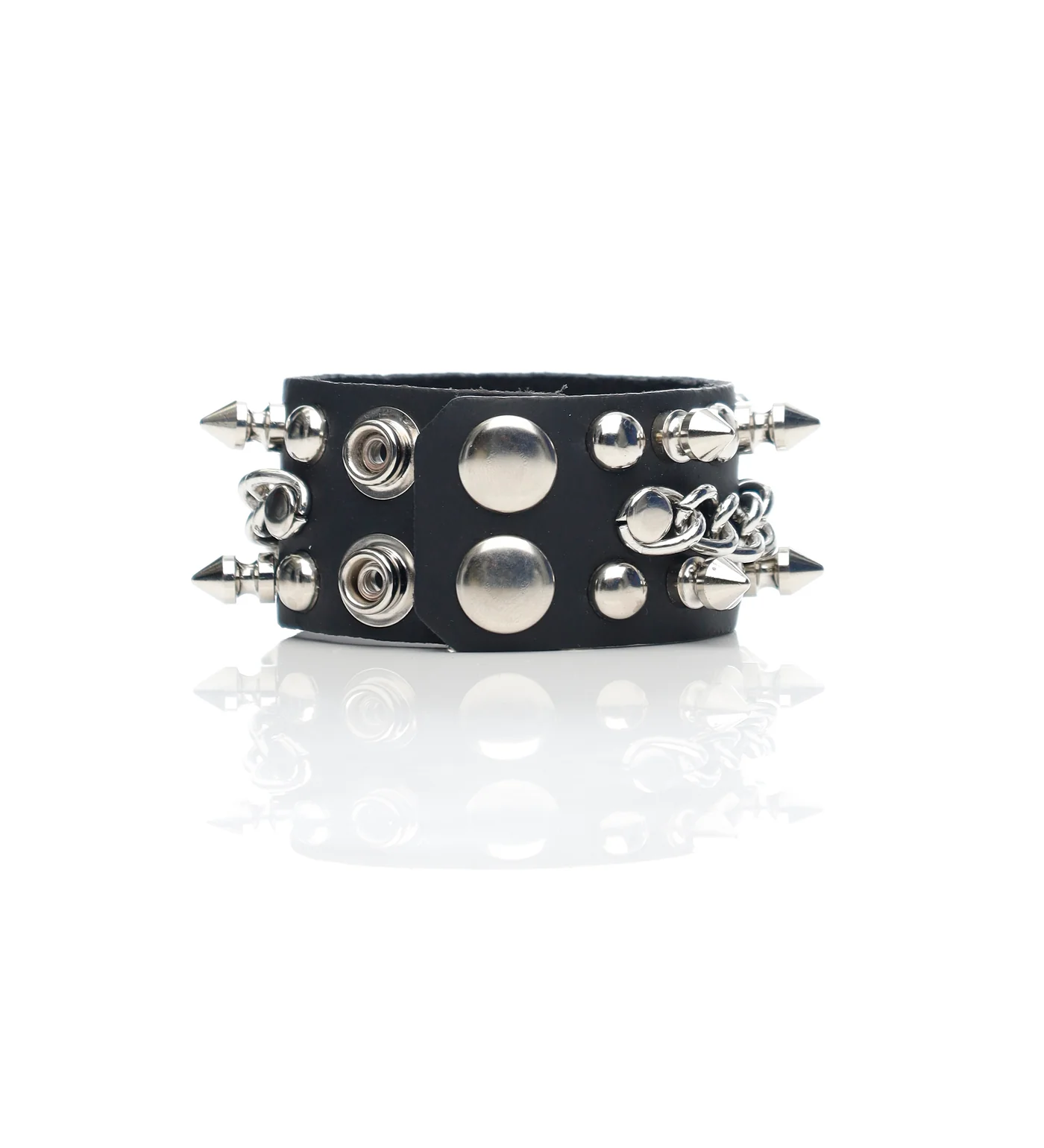 1/2" Spike,Chain & Round Stud Snap Bracelet, Black/Silver - Image 2