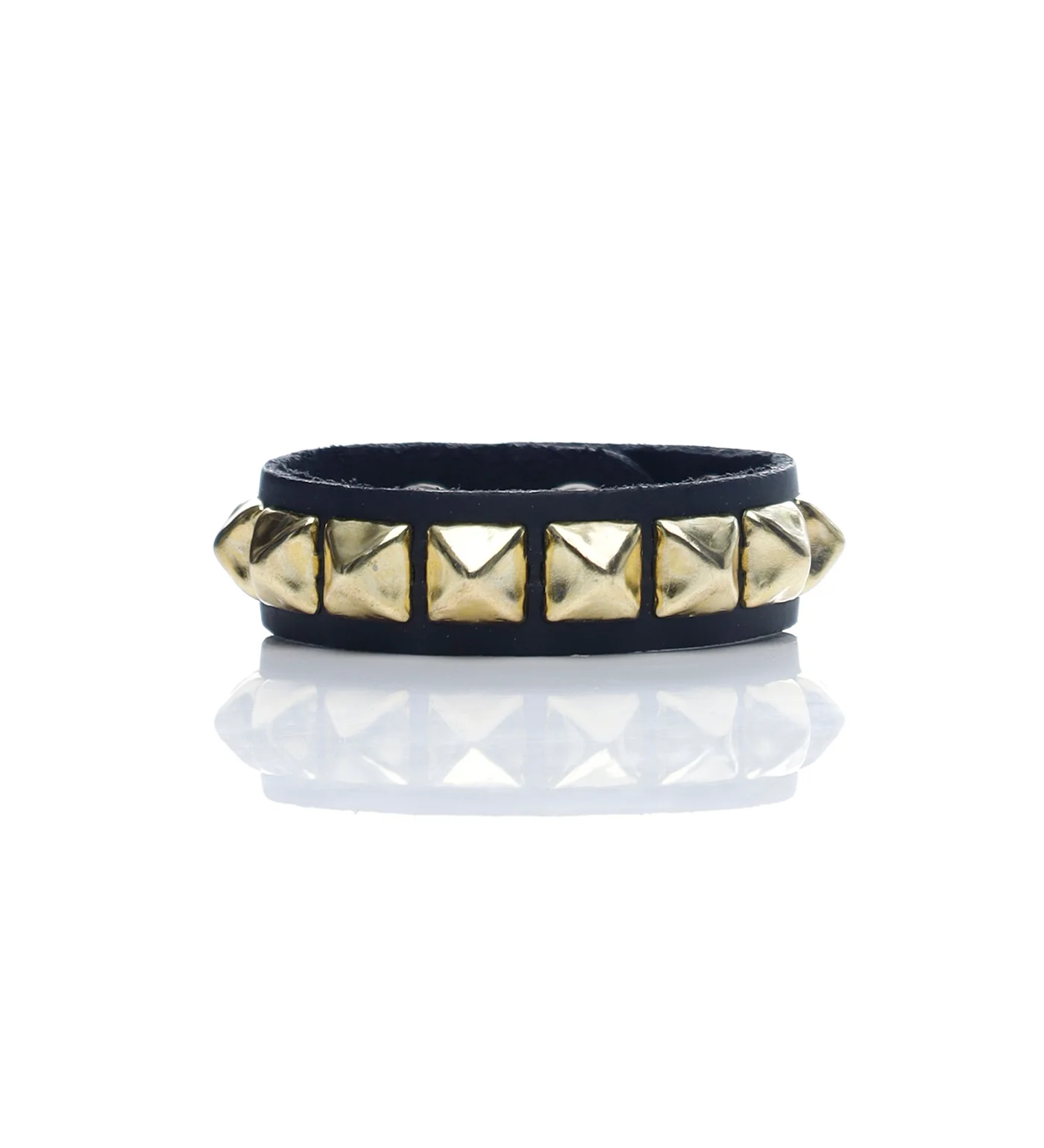 1 Row 1/2" Pyramid Studs Snap Bracelet, Black/Gold