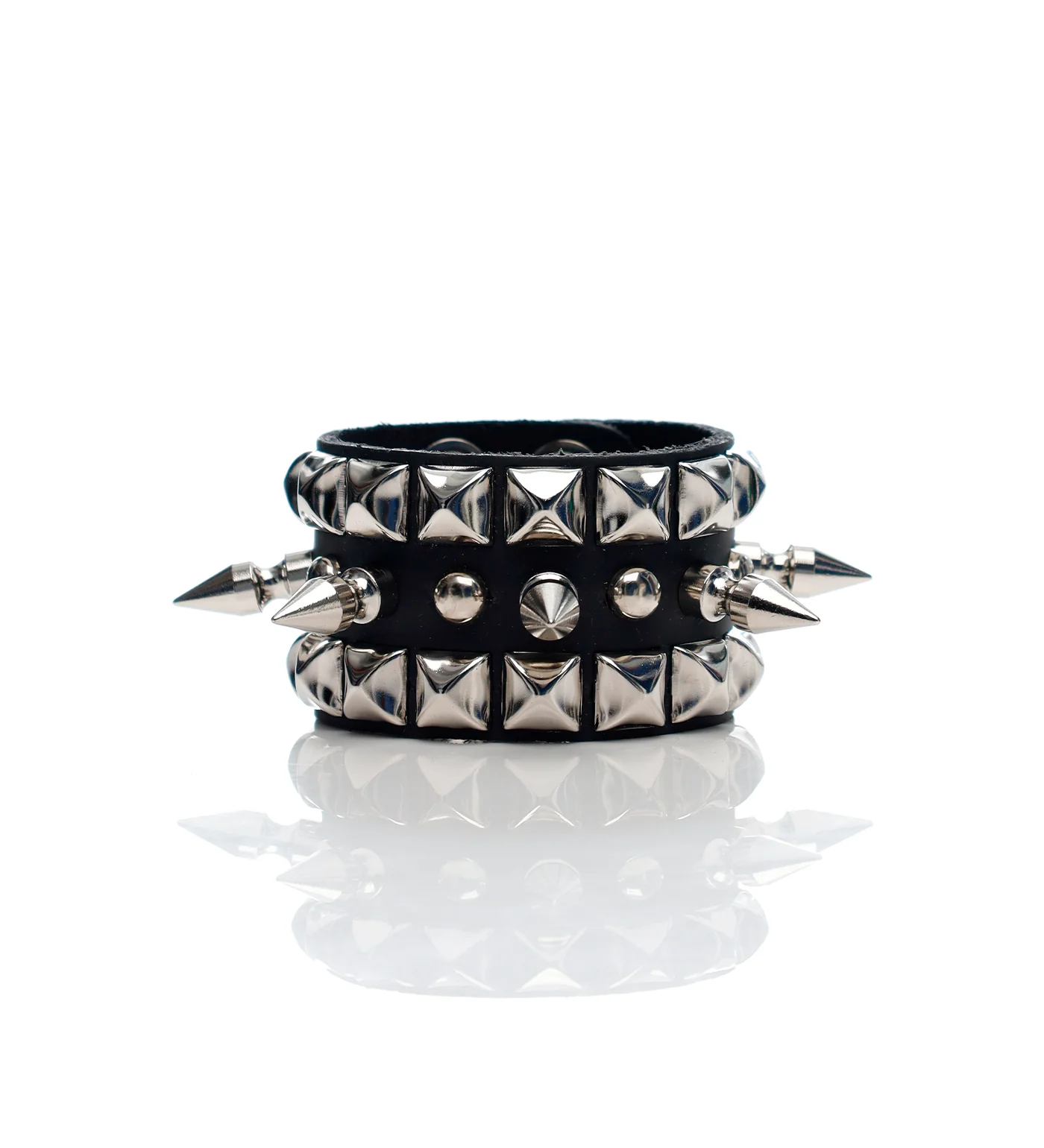 1 Row 1" Spike With Round Pins & 2 Row Pyramid Bracelet, Black/Silver