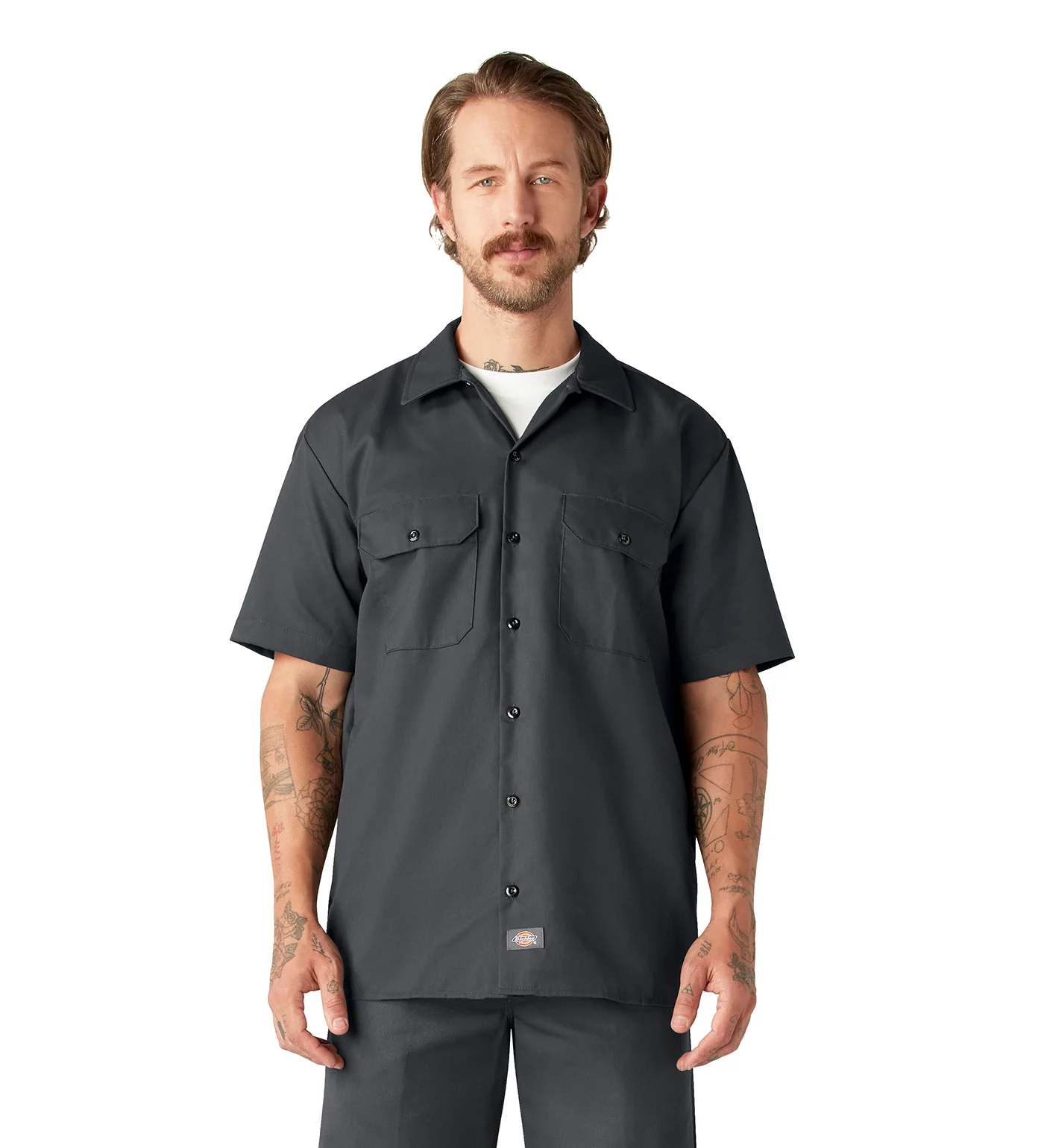 1574 S/S Button Front Solid Work Shirt, Charcoal