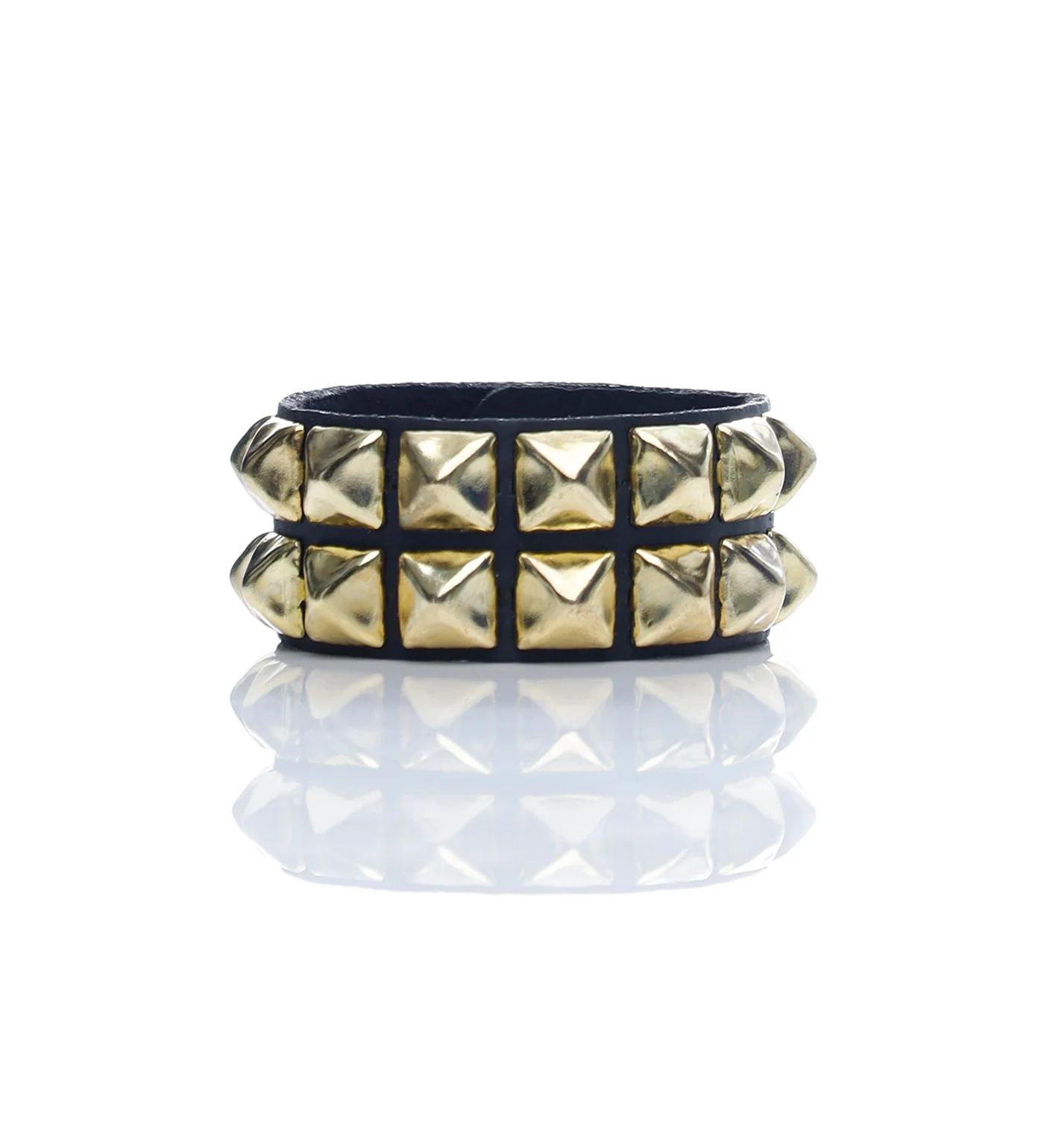 2 Row 1/2" Black Pyramid Snap Bracelet, Black/Gold