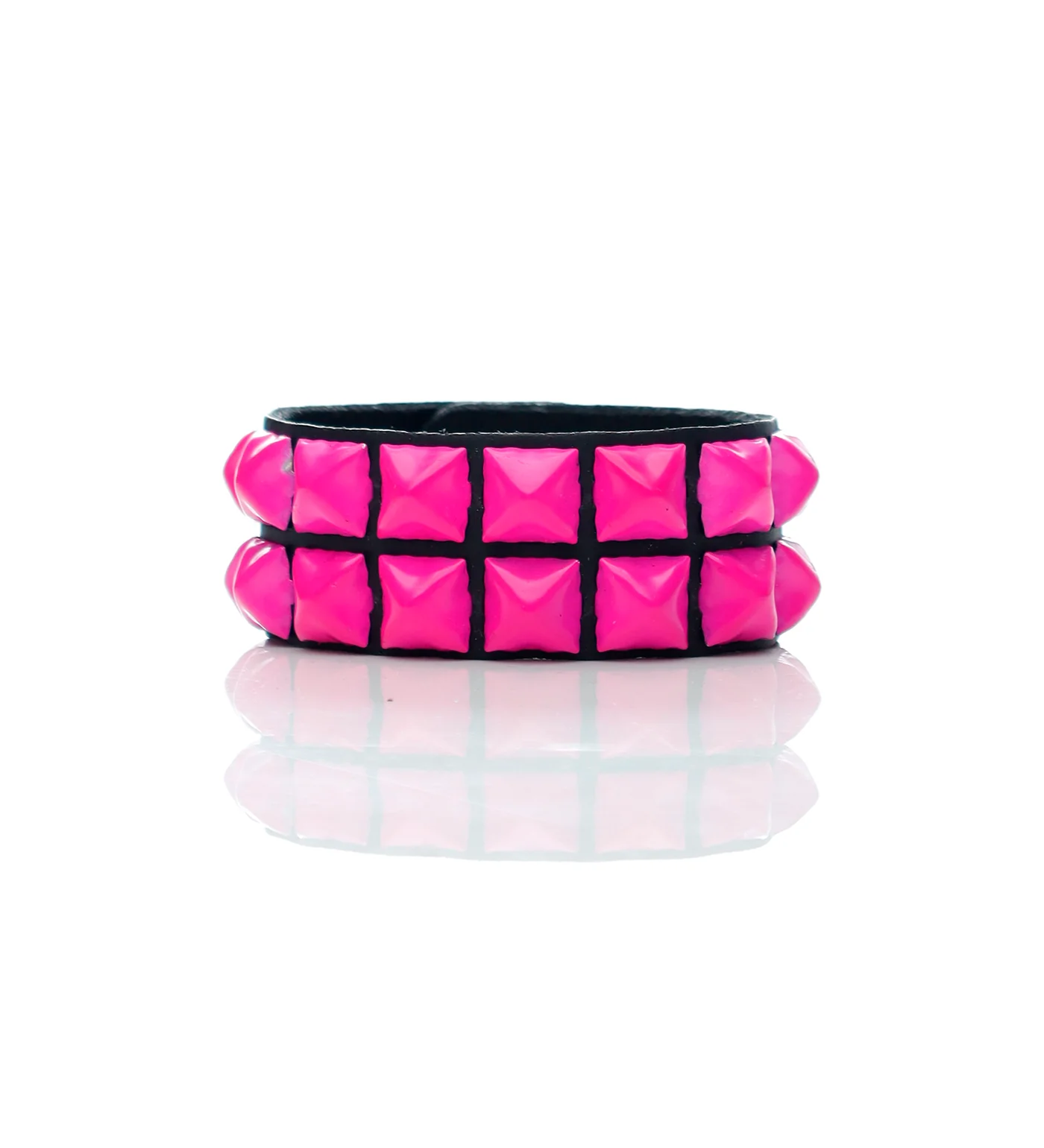 2 Row 1/2" Black Pyramid Snap Bracelet, Black/Hot Pink