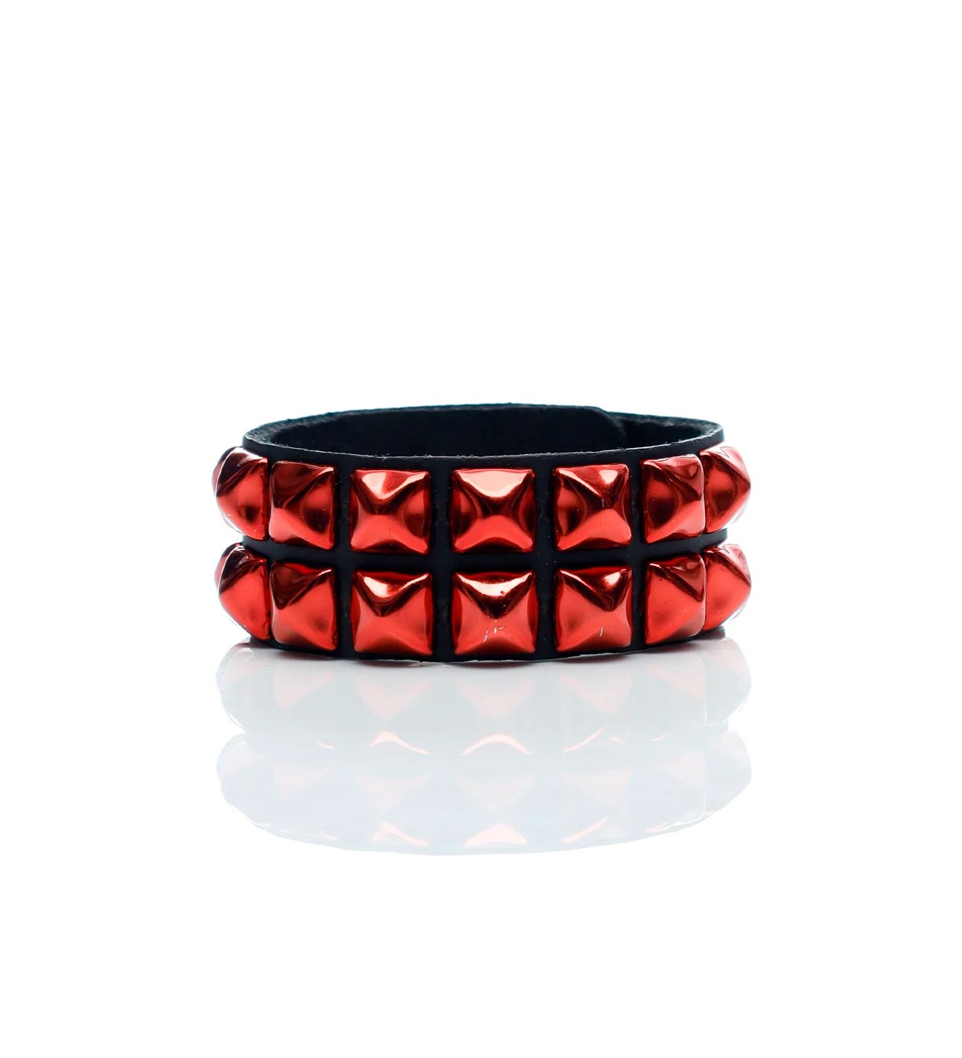 2 Row 1/2" Pyramid Snap Bracelet, Black/Metallic Red