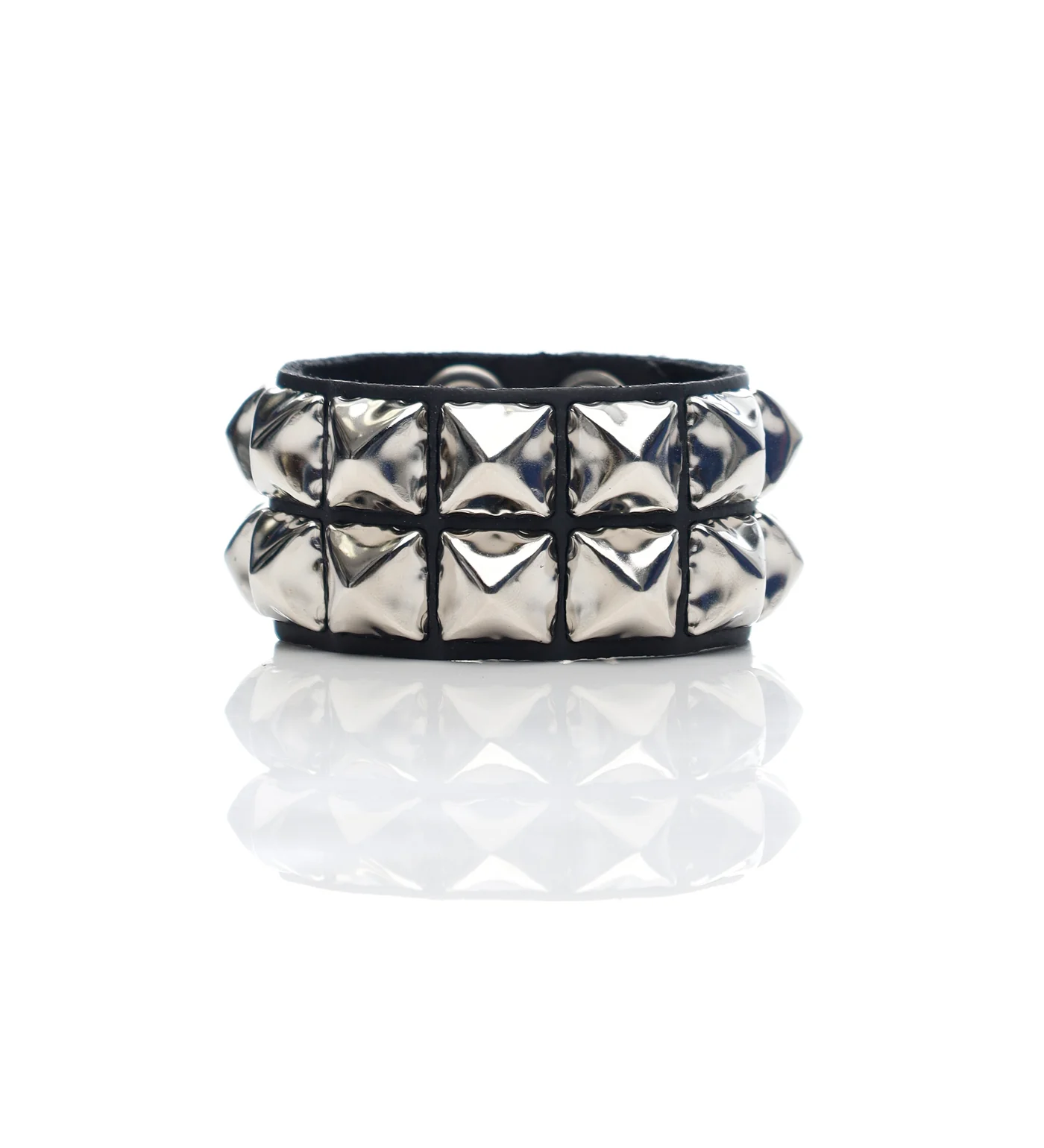 2 Row 5/8" Pyramid Snap Bracelet, Black/Silver