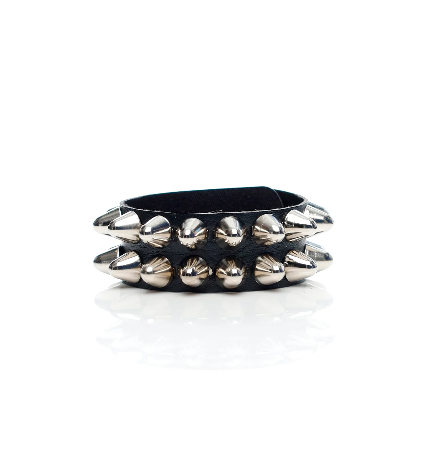 2 Row Cone PU Leather Wristband, Black/Silver
