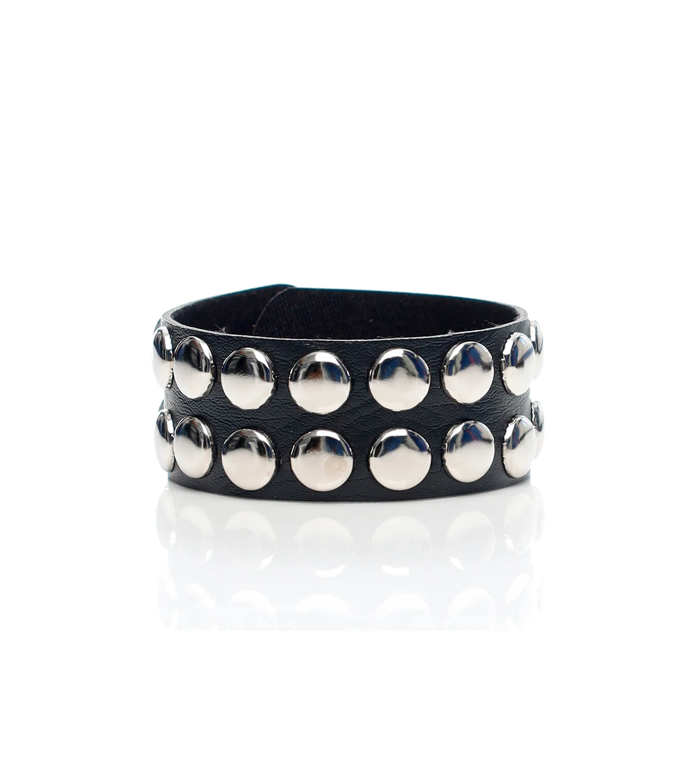 2 Row Flat Studs PU Leather Wristbands, Black/Silver