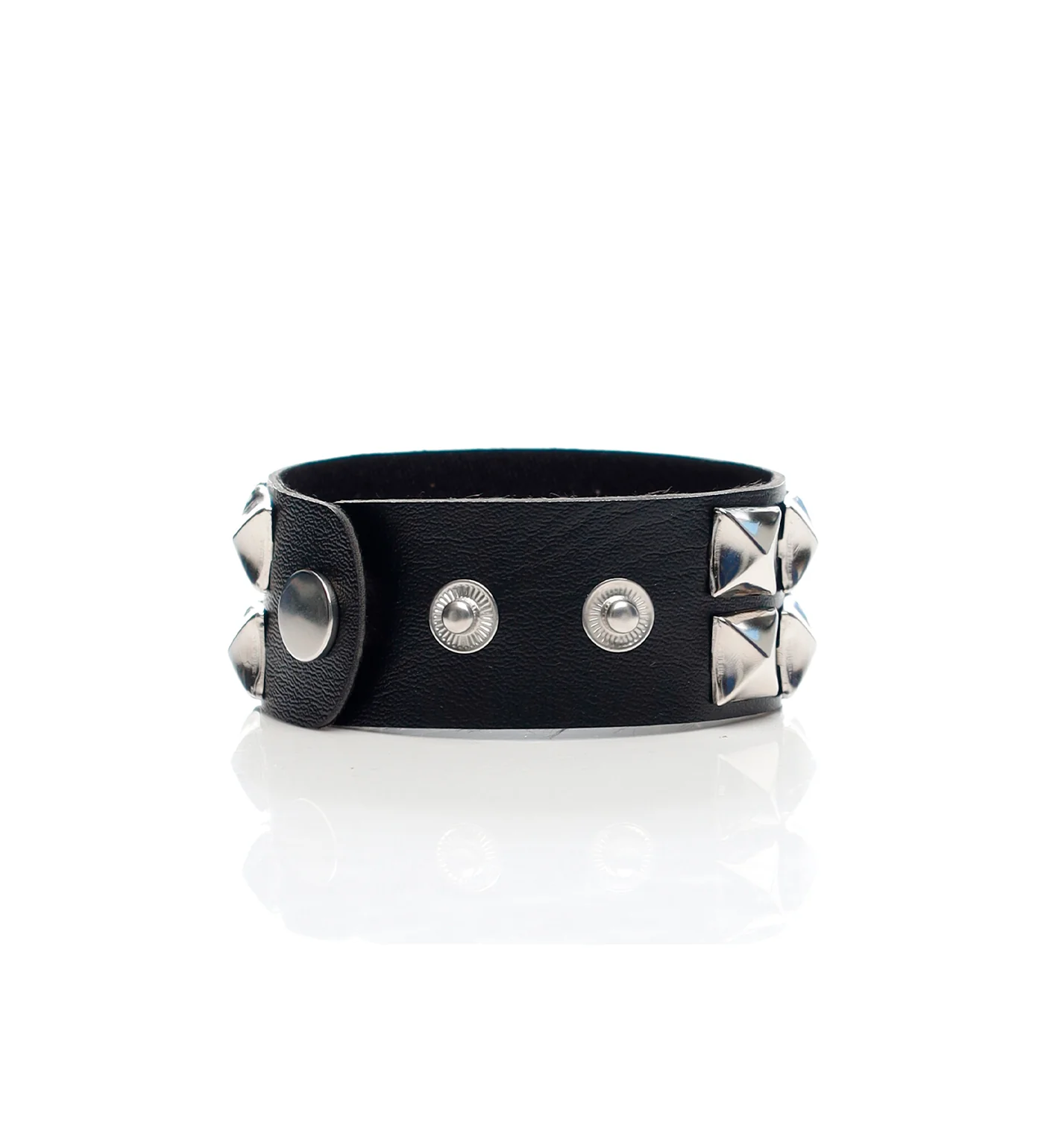 2 Row Small Pyramids Studs PU Leather Wristbands, Black/Silver - Image 2