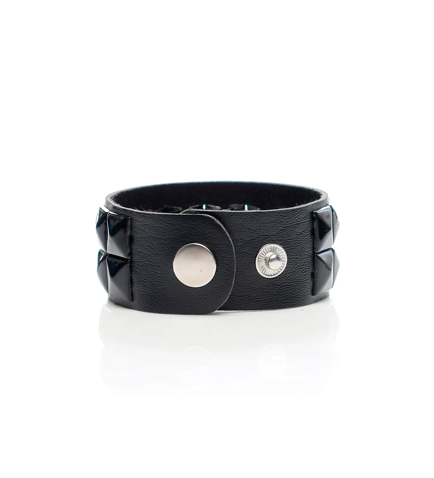 2 Row Small Pyramids Studs PU Leather Wristbands, Black - Image 2