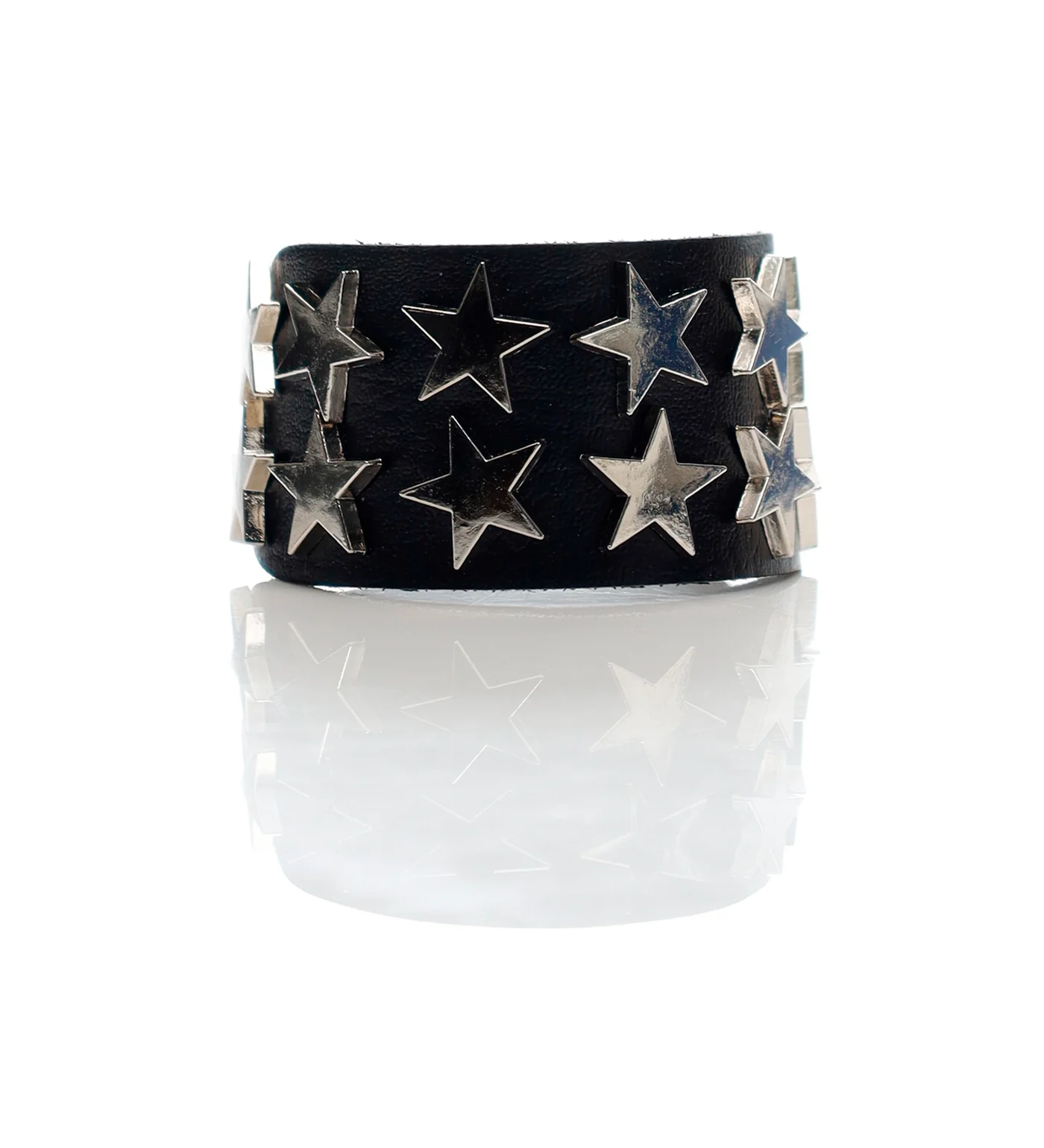 2 Row Stars Flat Studs PU Leather Wristbands, Black/Silver