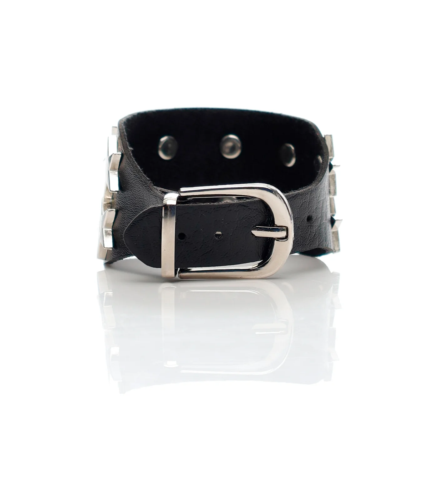 2 Row Stars Flat Studs PU Leather Wristbands, Black/Silver - Image 2
