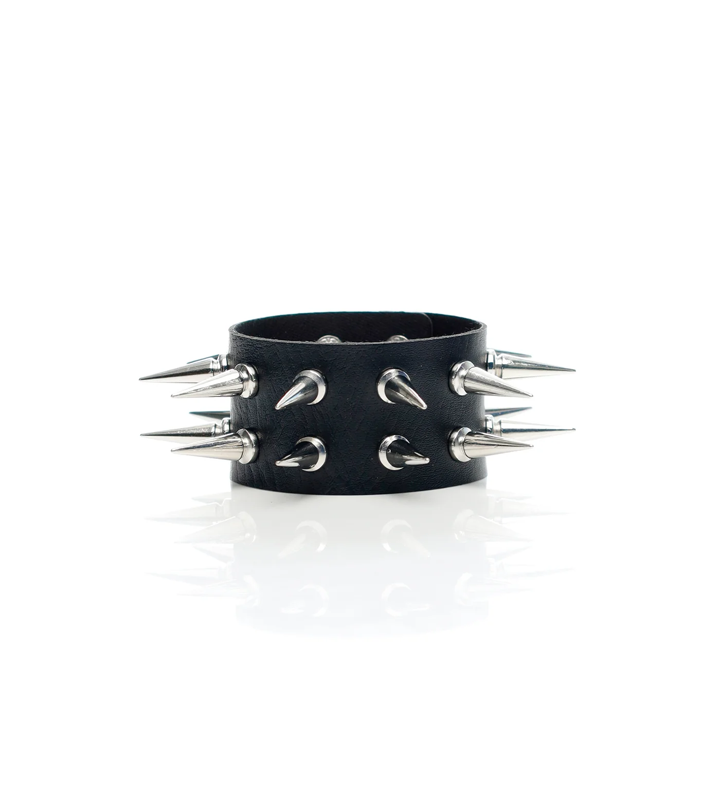 2 Row Tall Spikes Snap PU Leather Wristband, Black/Silver