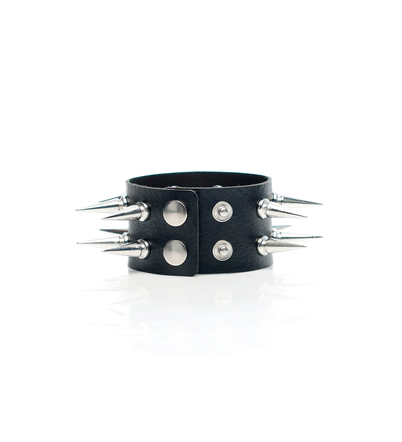 2 Row Tall Spikes Snap PU Leather Wristband, Black/Silver - Image 2