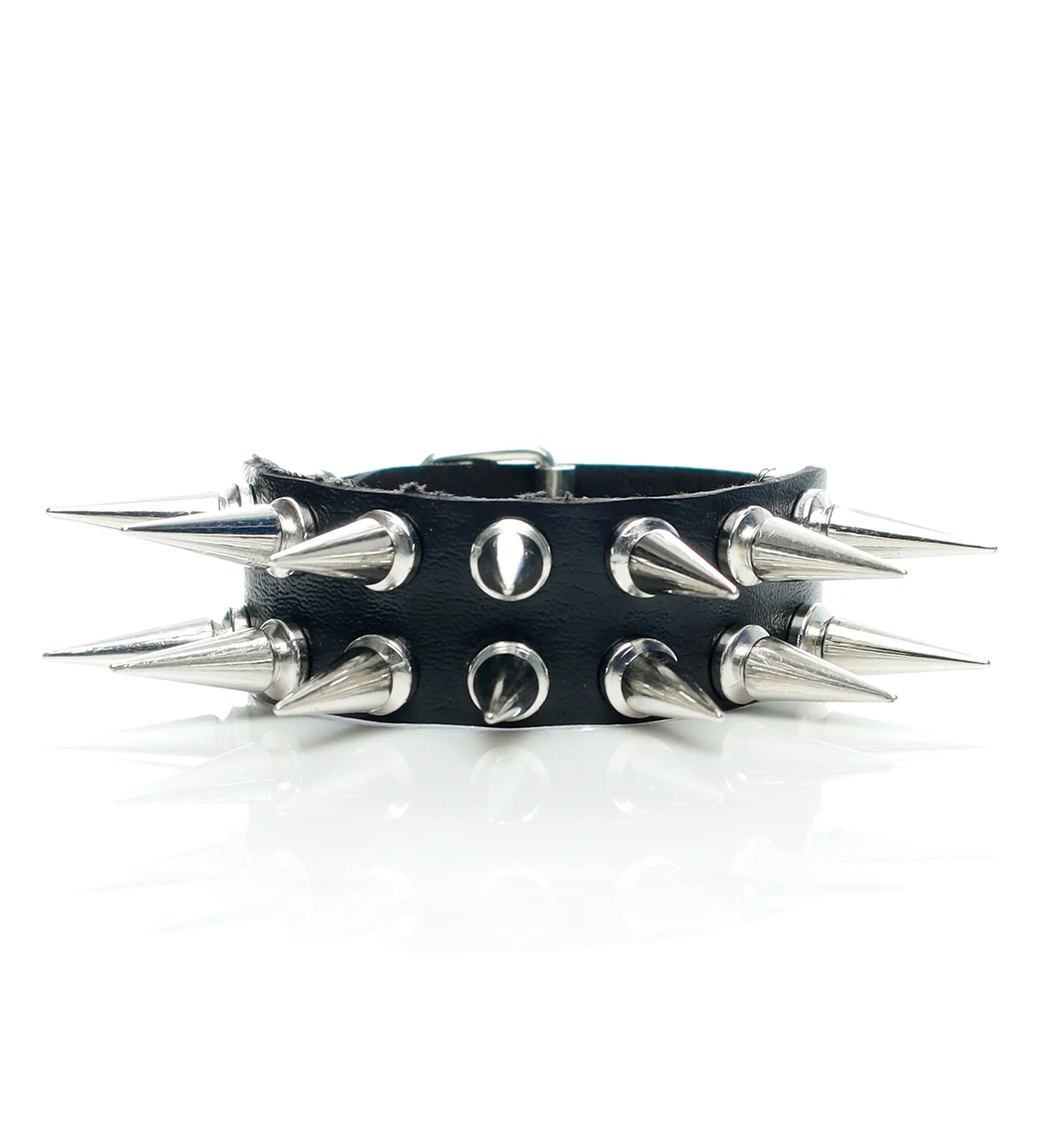 2 Row Tall Spikes Buckle PU Leather Wristband, Black/Silver