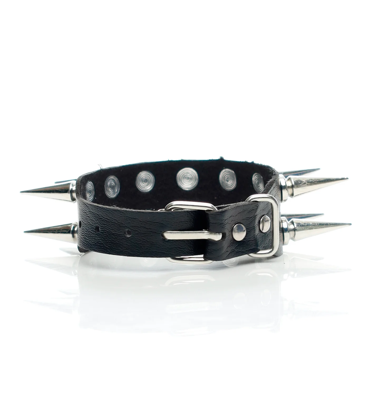 2 Row Tall Spikes Buckle PU Leather Wristband, Black/Silver - Image 2
