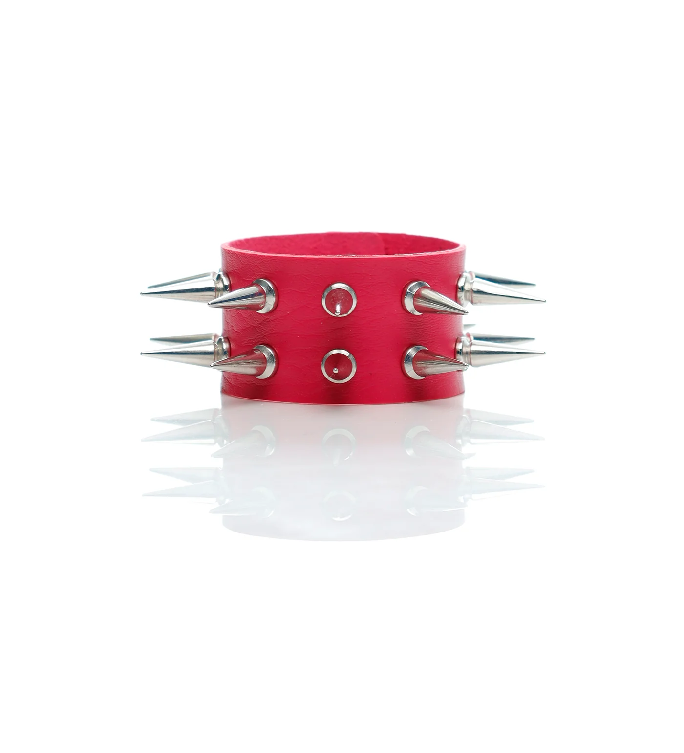 2 Row Tall Spikes Snap PU Leather Wristband, Pink/Silver