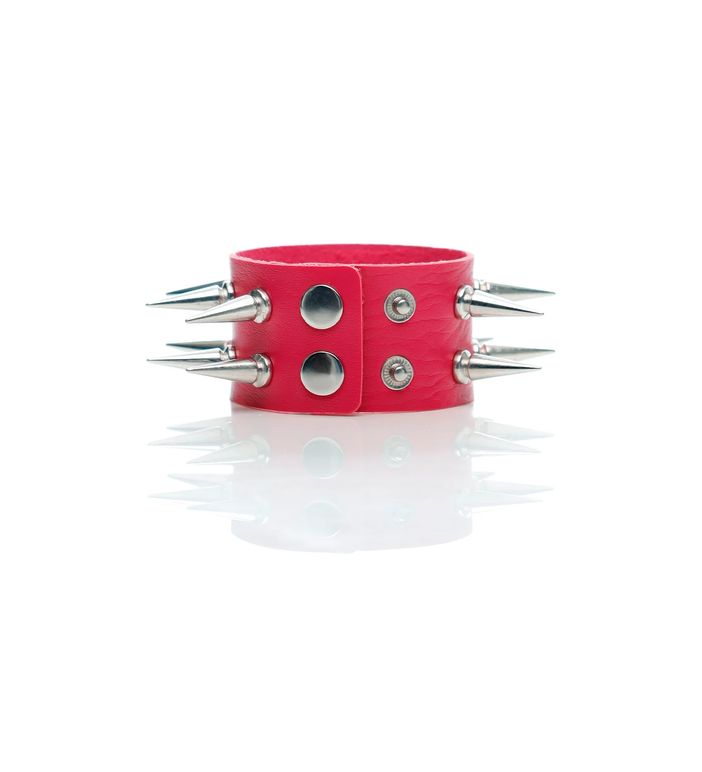 2 Row Tall Spikes Snap PU Leather Wristband, Pink/Silver - Image 2
