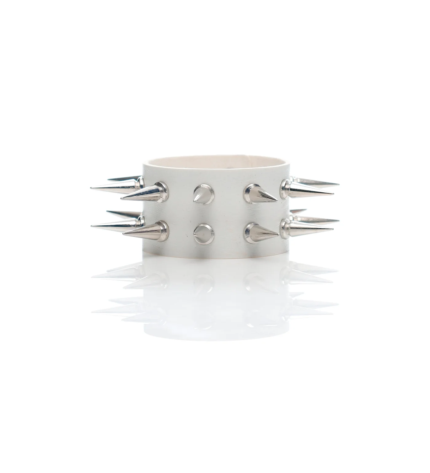 2 Row Tall Spikes Snap PU Leather Wristband, White/Silver