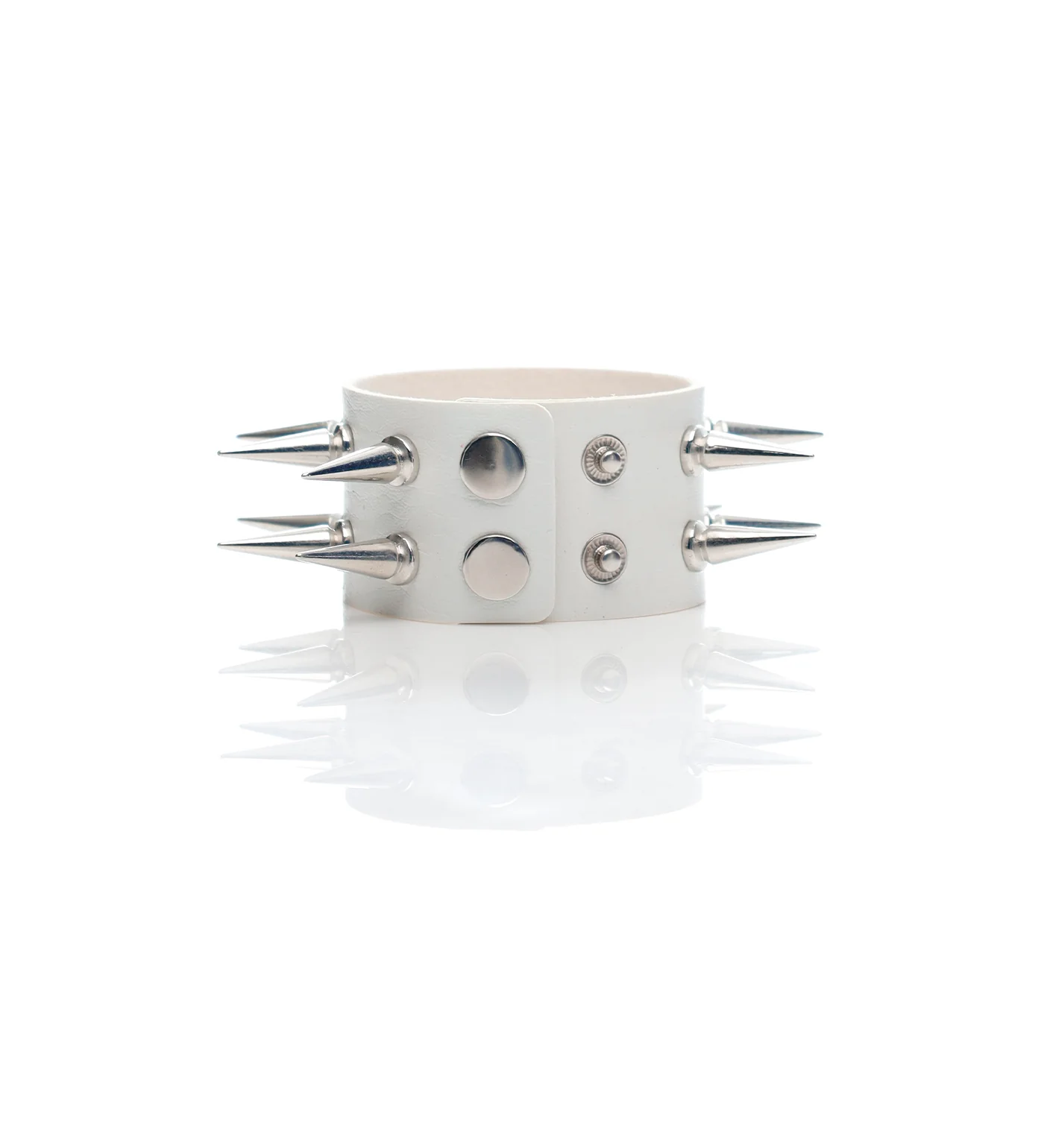 2 Row Tall Spikes Snap PU Leather Wristband, White/Silver - Image 2