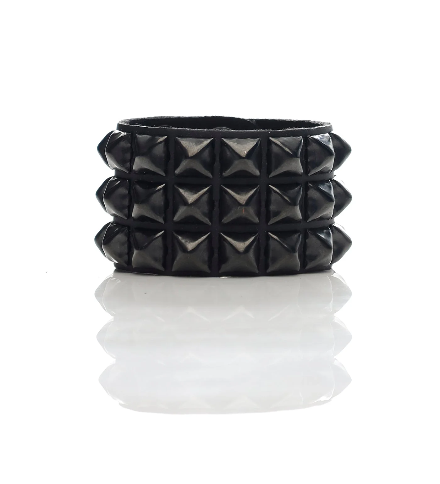 3 Row 1/2" Pyramid Black Stud Snap Bracelet, Black/Black