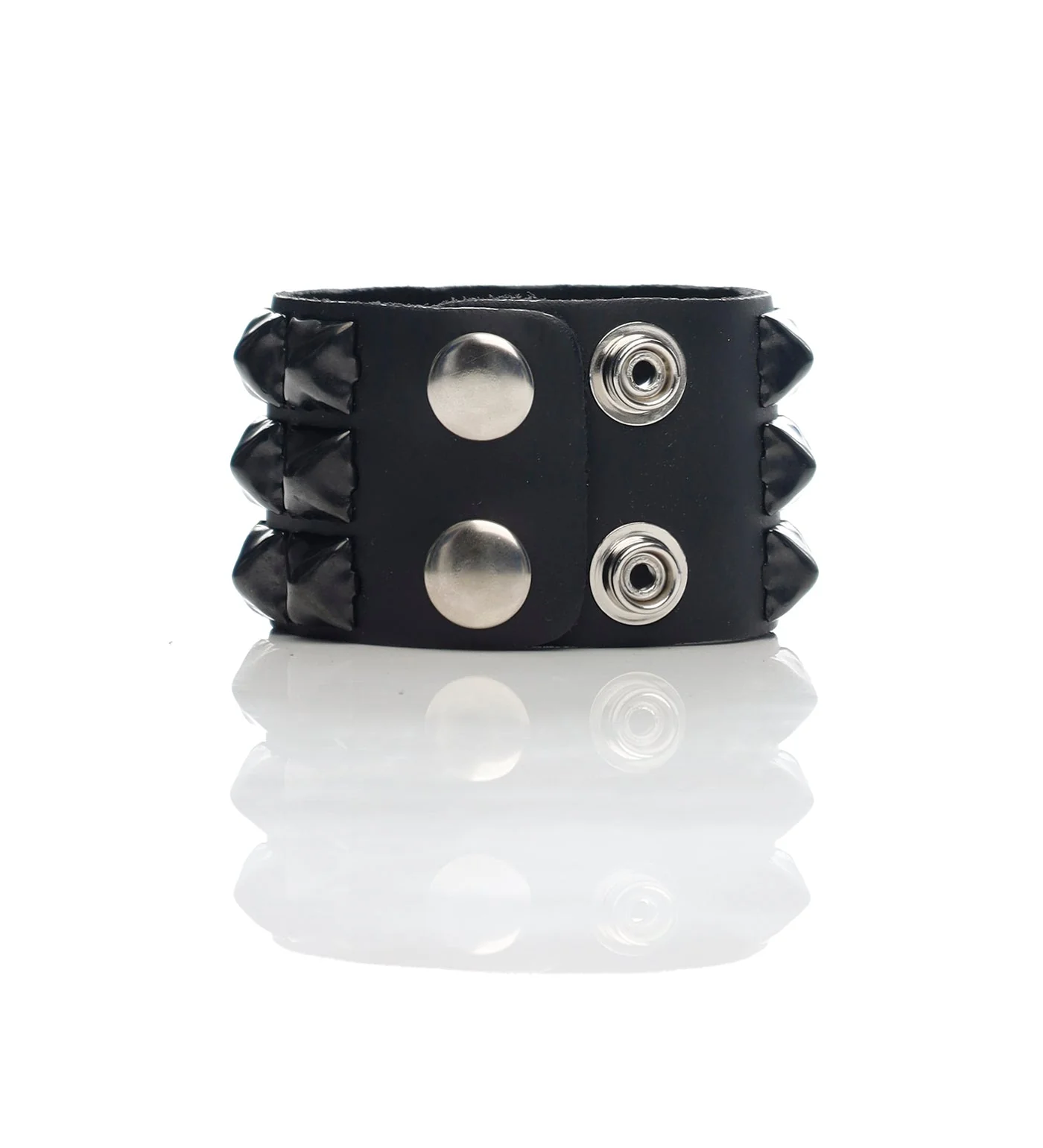 3 Row 1/2" Pyramid Black Stud Snap Bracelet, Black/Black - Image 2