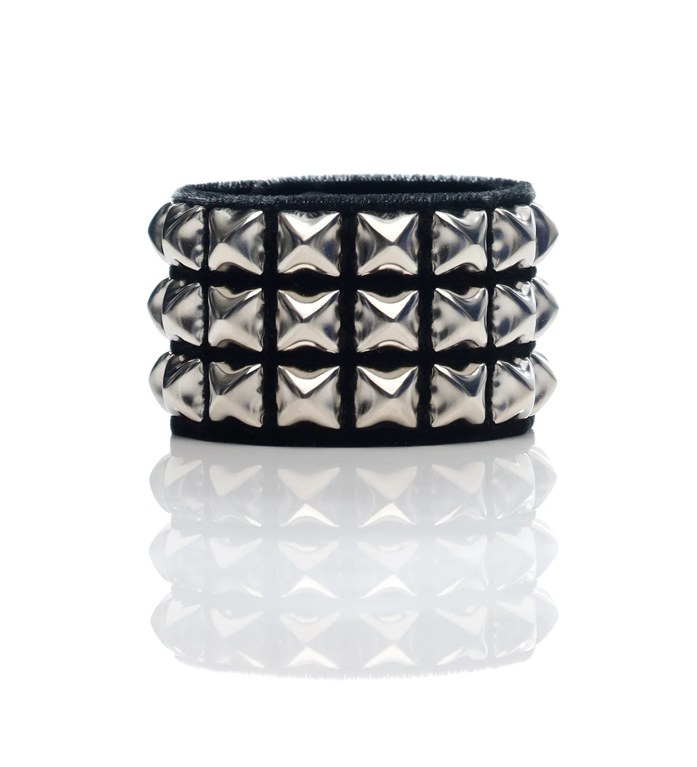 3 Row 1/2" Pyramid Black Stud Snap Bracelet, Black/Velvet