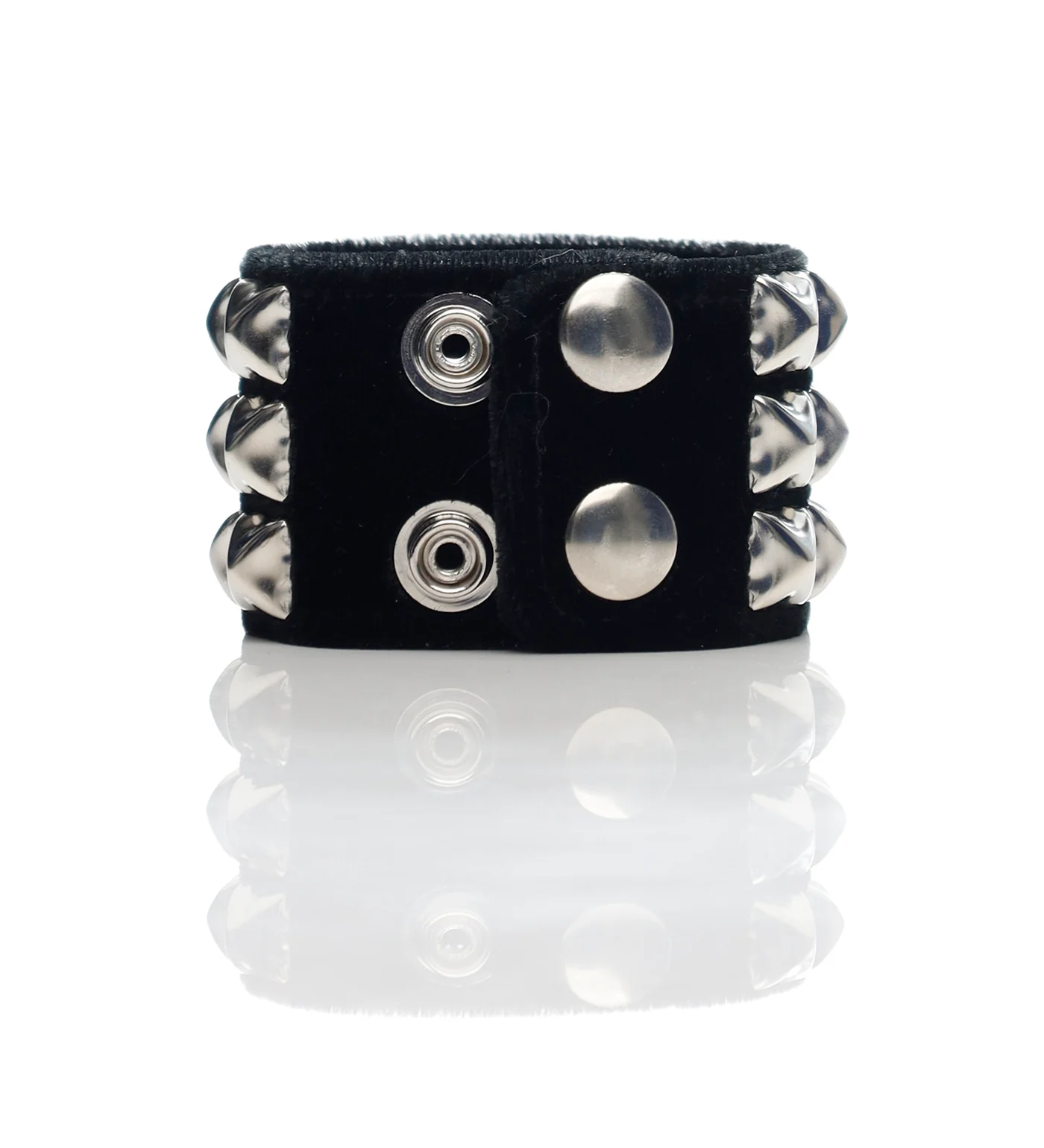 3 Row 1/2" Pyramid Black Stud Snap Bracelet, Black/Velvet - Image 2