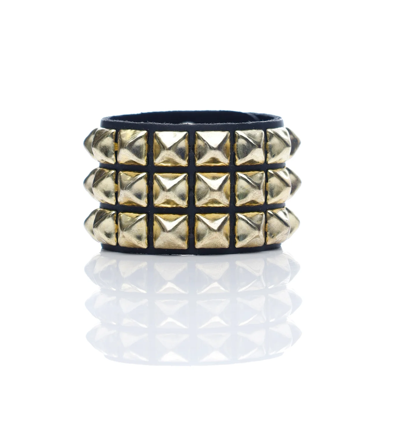 3 Row 1/2" Pyramid Brass Stud Snap Bracelet, Black/Brass