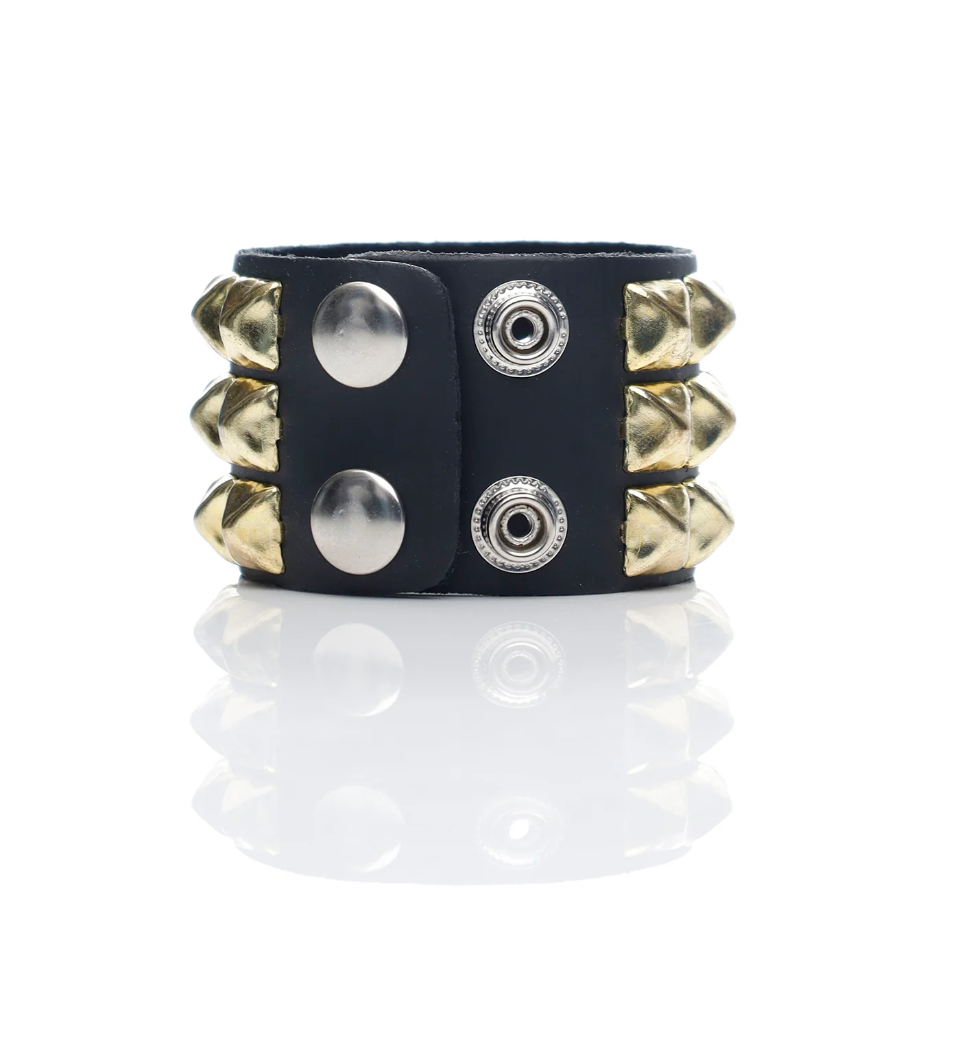 3 Row 1/2" Pyramid Brass Stud Snap Bracelet, Black/Brass - Image 2