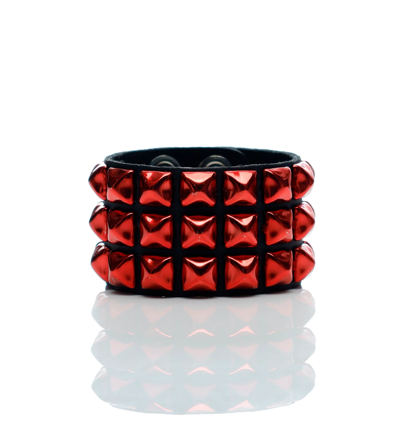 3 Row 1/2'' Pyramid Stud Snap Bracelet, Black/Metallic Red