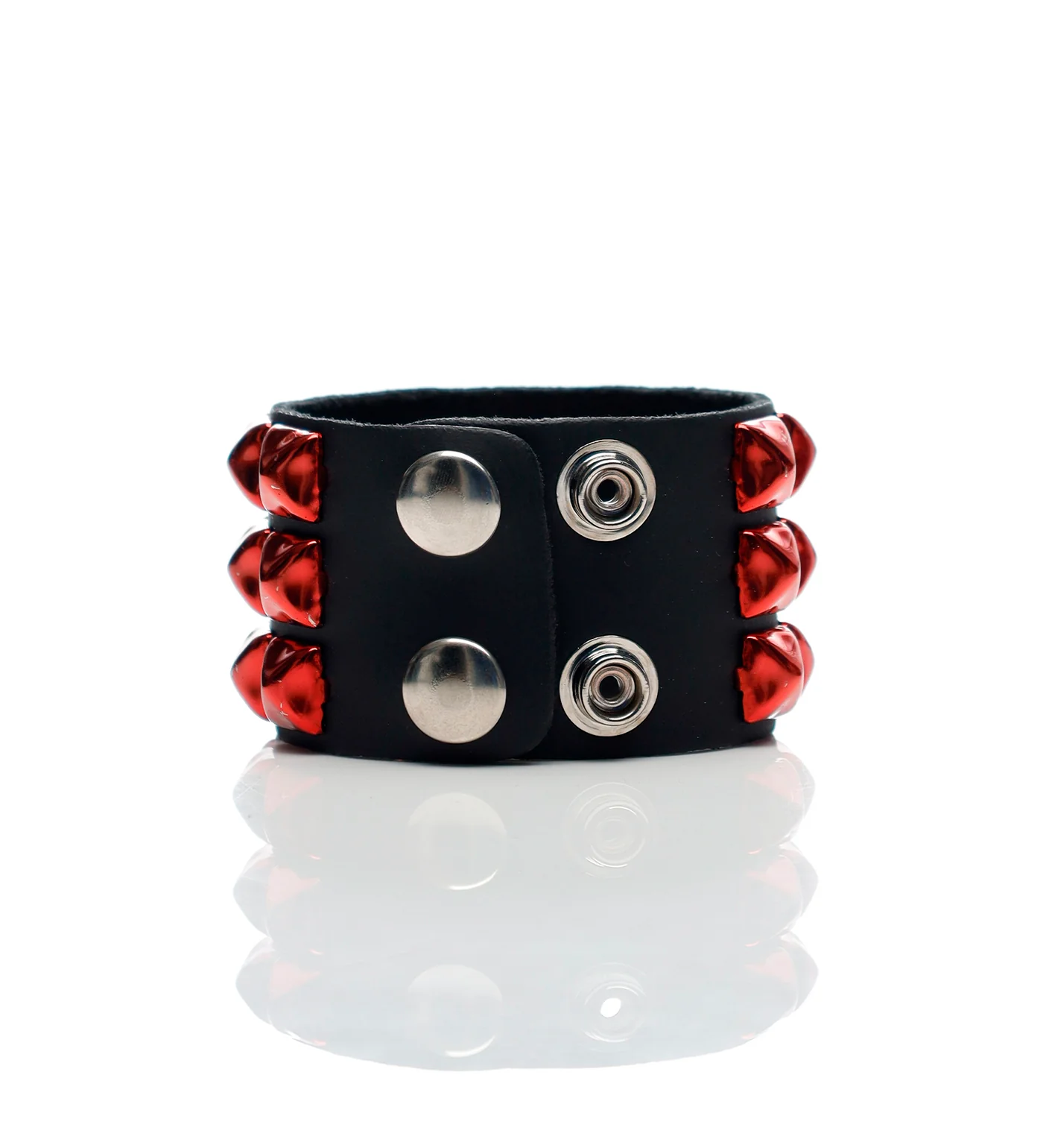 3 Row 1/2'' Pyramid Stud Snap Bracelet, Black/Metallic Red - Image 2