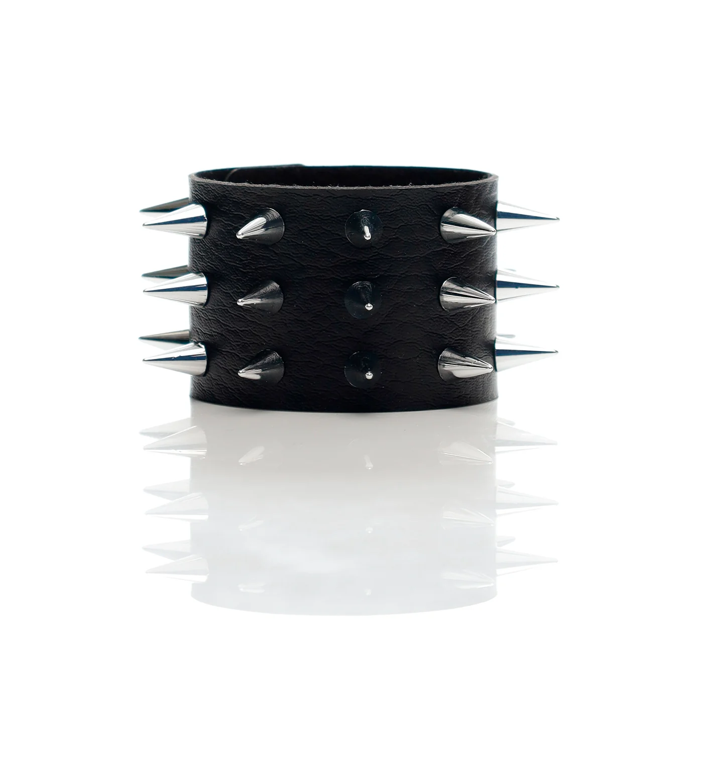 3 Row Medium Spikes PU Leather Wristband, Black/Silver