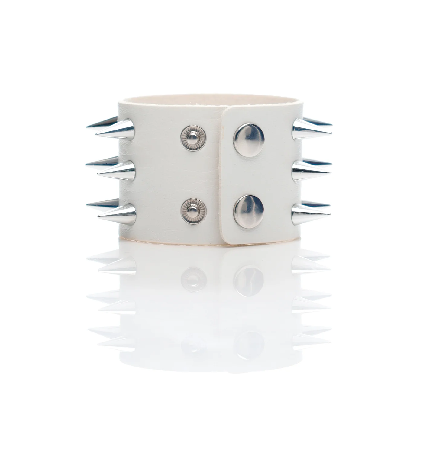 3 Row Medium Spikes PU Leather Wristband, White/Silver - Image 2