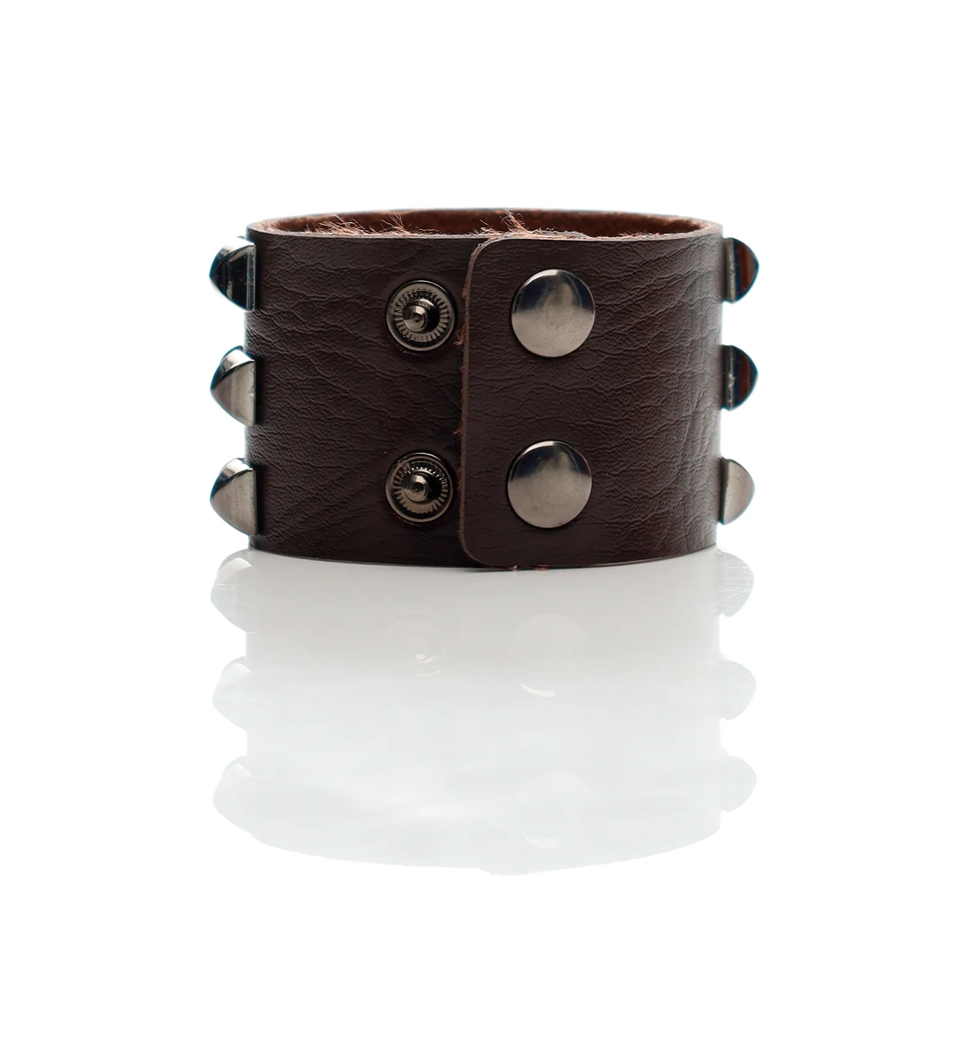 3 Row Pyramids Studs PU Leather Wristbands, Brown/Black - Image 2