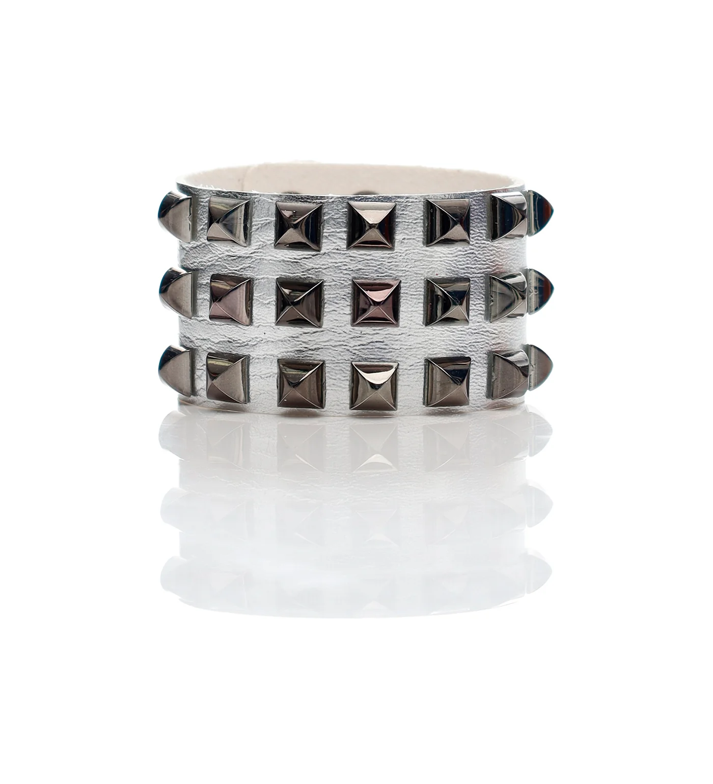 3 Row Pyramids Studs PU Leather Wristbands, Silver/Black