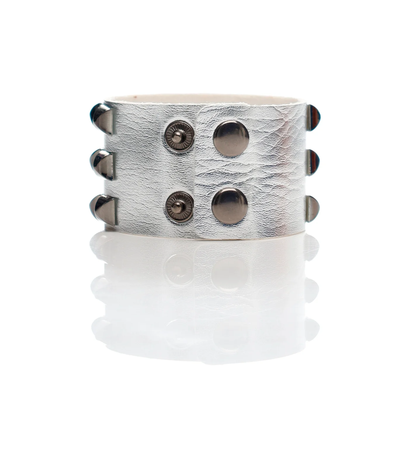 3 Row Pyramids Studs PU Leather Wristbands, Silver/Black - Image 2