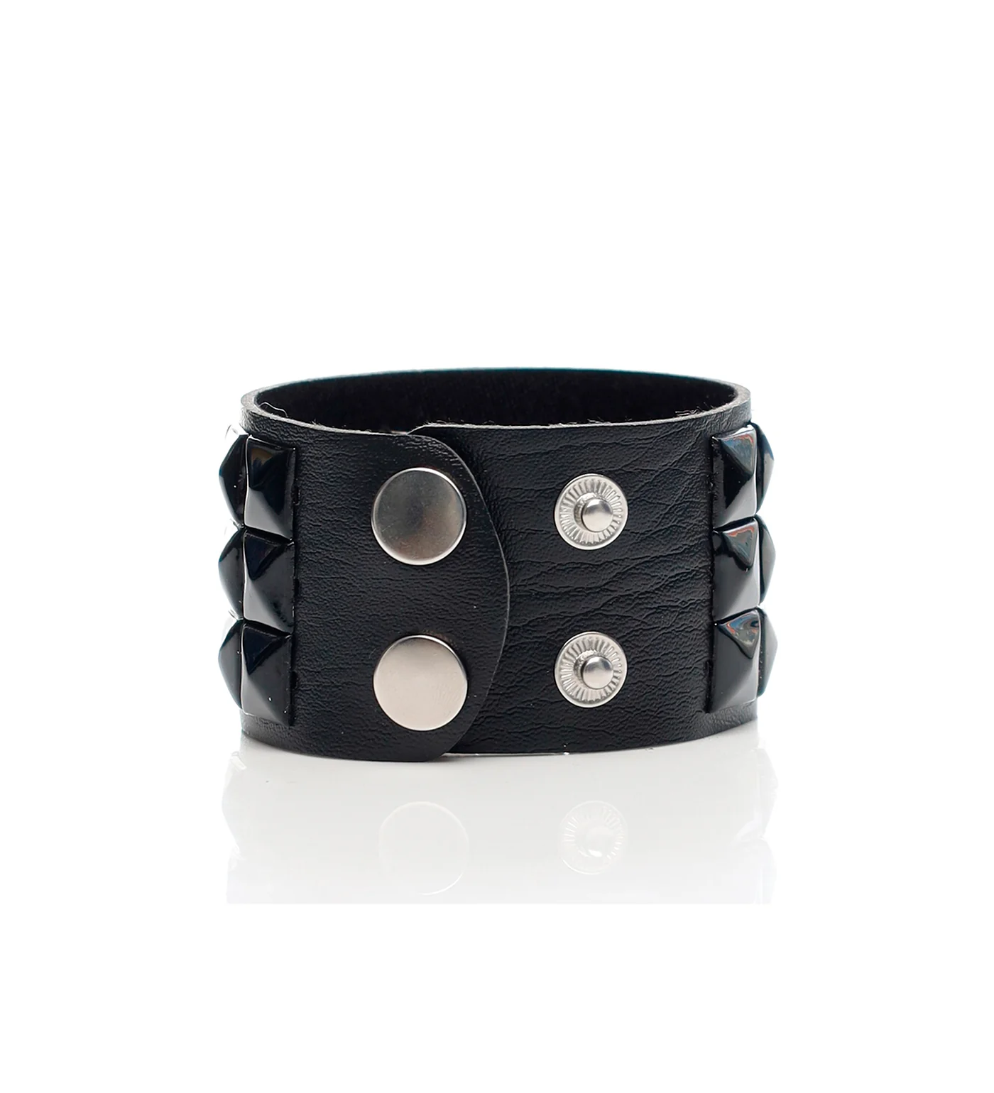 3 Row Small Pyramids Studs PU Leather Wristbands, Black - Image 2