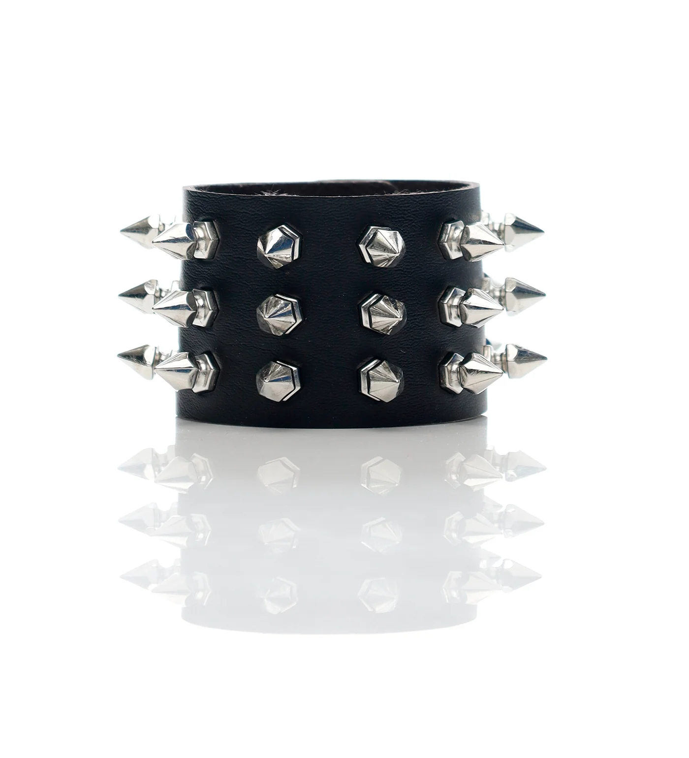 3 Row Small Spikes PU Leather Wristband, Black/Silver