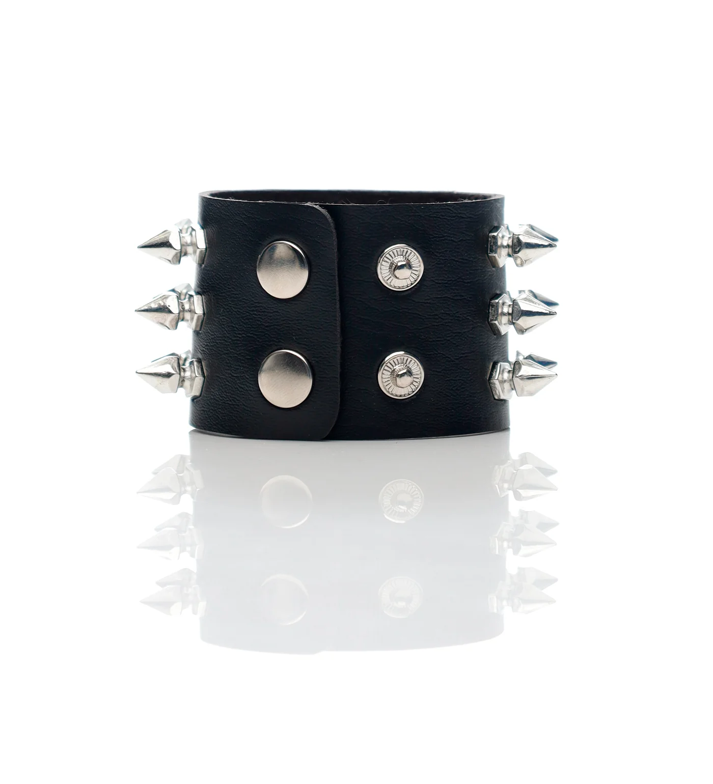 3 Row Small Spikes PU Leather Wristband, Black/Silver - Image 2