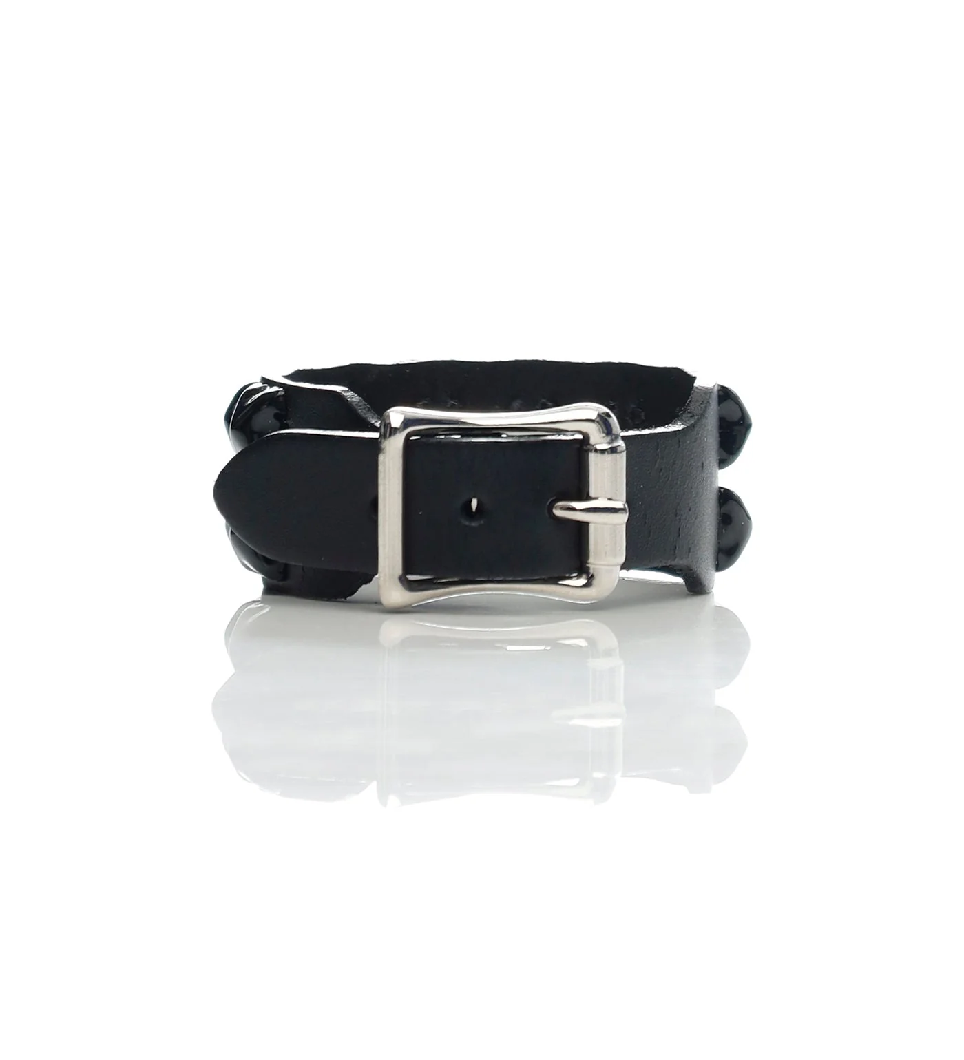 Buckle Wristband With 2 Row 1/2 Pyramids, Black/Black - Image 2