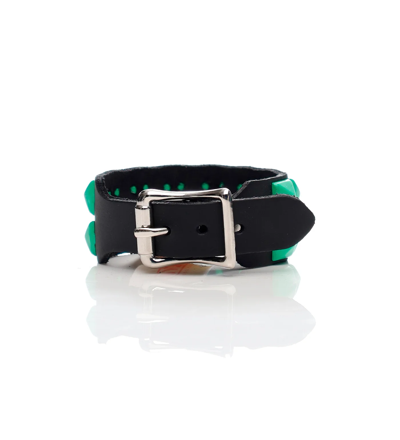 Buckle Bracelet With 2 Row 1/2 Pyramids, Black/Green - Image 2