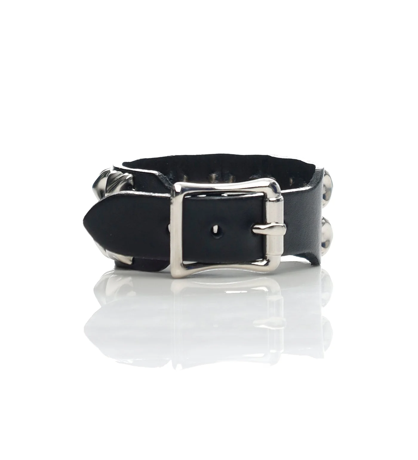Buckle Bracelet With 2 Row 1/2 Pyramids, Black/Silver - Image 2