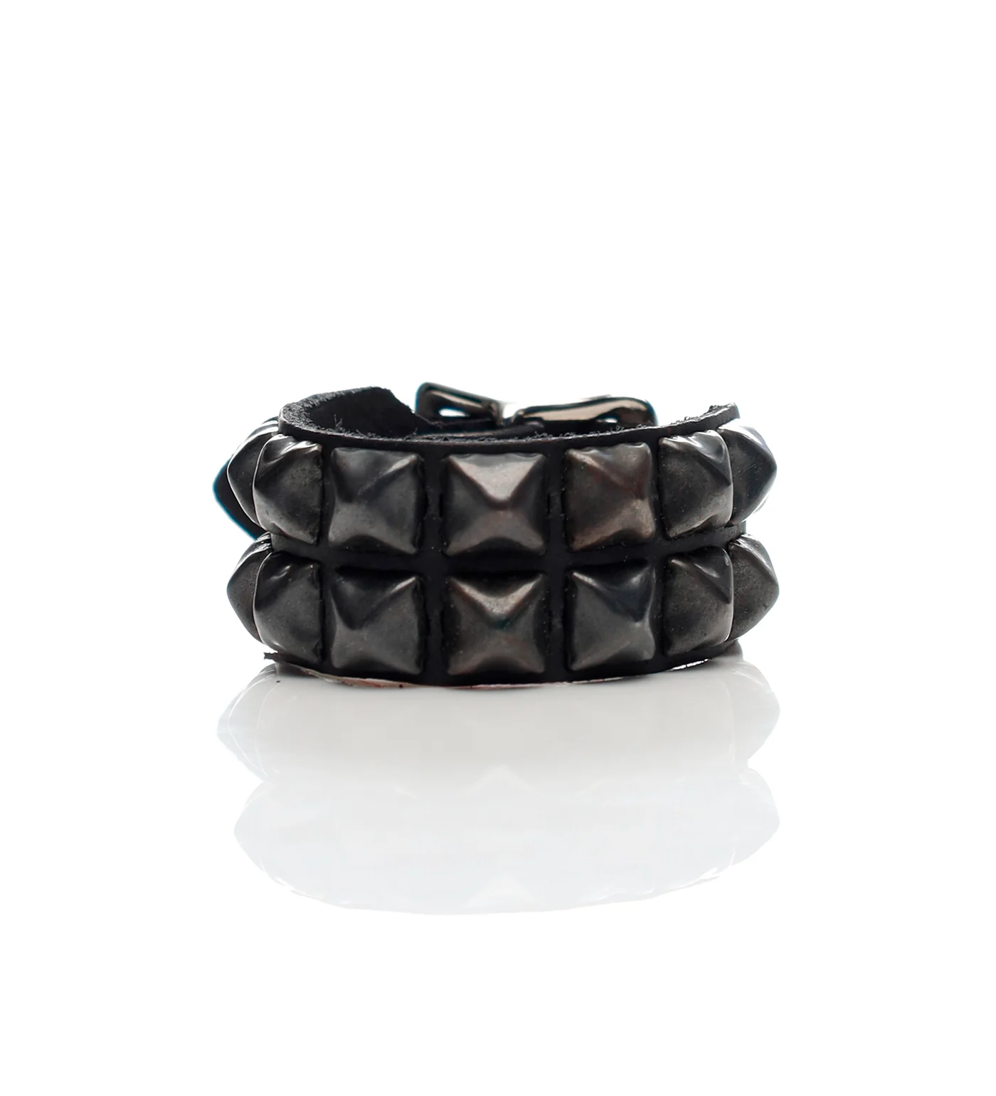 Buckle  Bracelet With 2 Row 1/2 Pyramids, Matte Black/Black