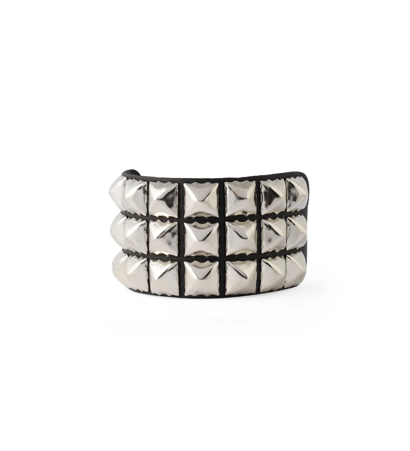 Buckle Wristband With 3 Row 1/2 Pyramids, Black/Silver