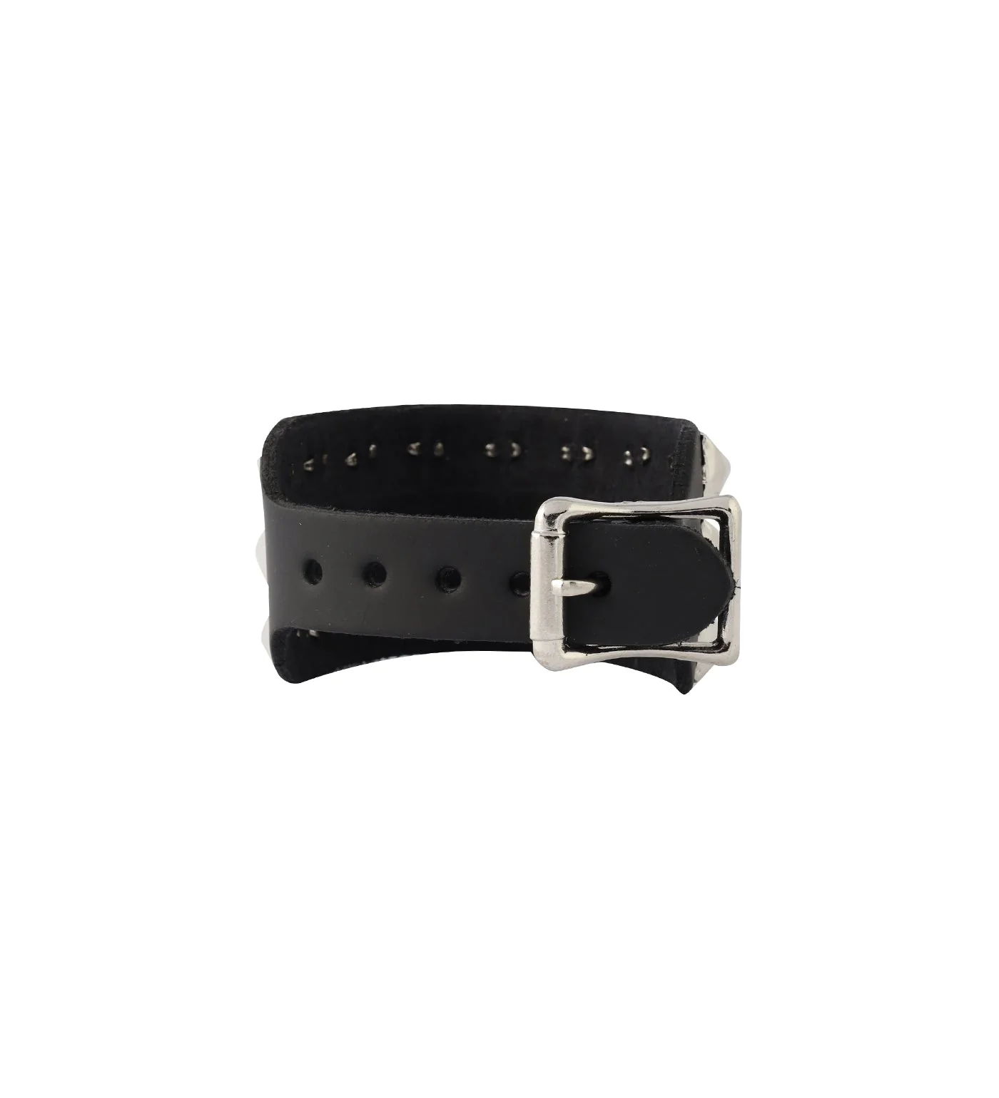 Buckle Wristband With 3 Row 1/2 Pyramids, Black/Silver - Image 2