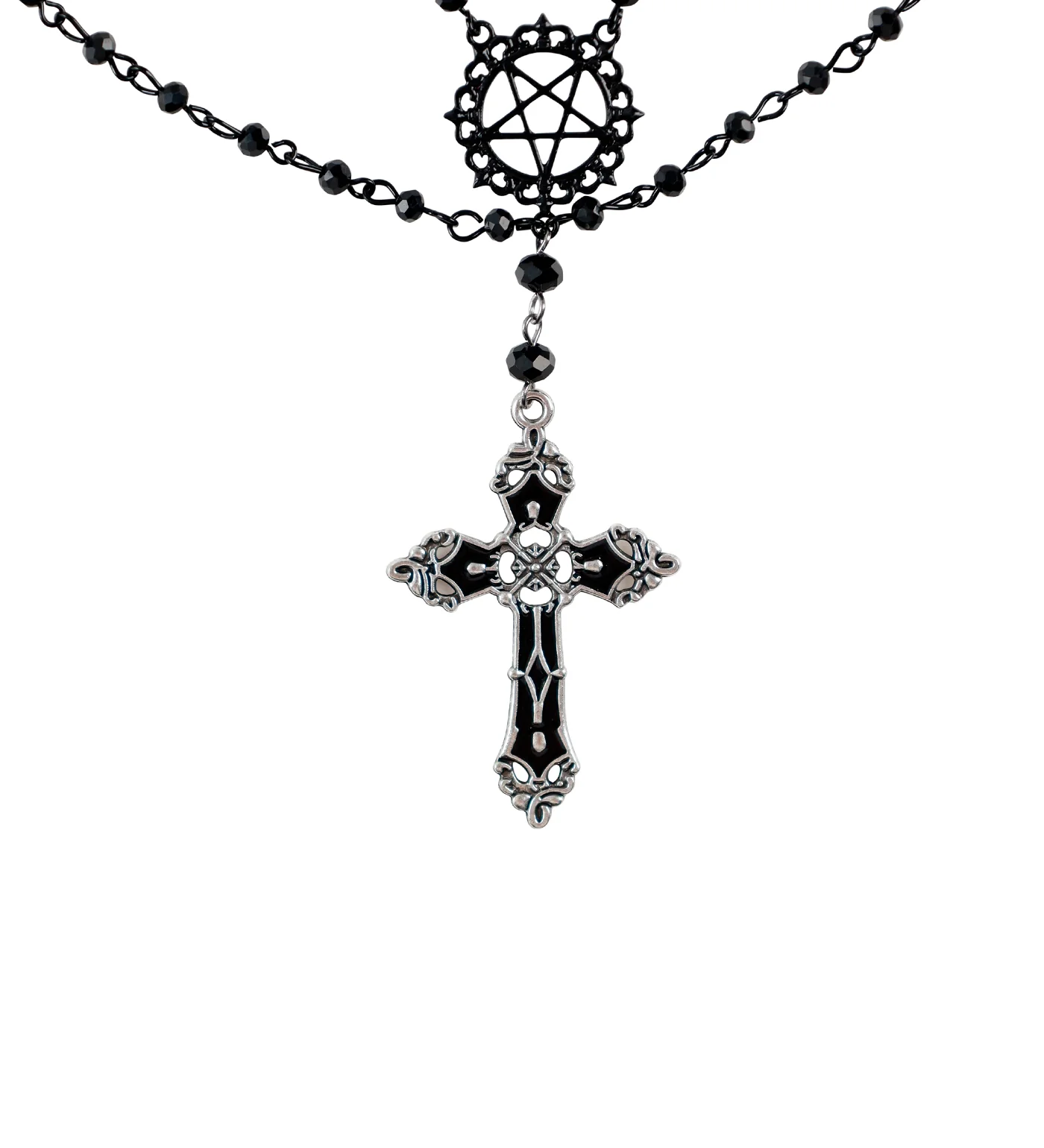 Double Layers Black Beads Cross W/Pentagram,Black/Silver(2A)