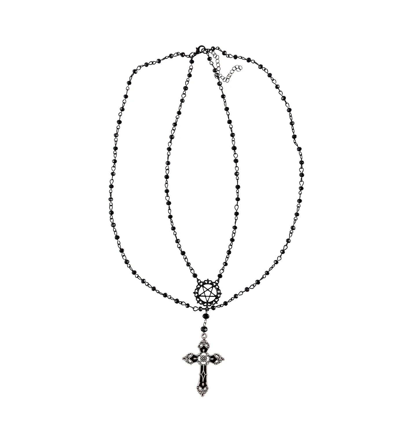 Double Layers Black Beads Cross W/Pentagram,Black/Silver(2A) - Image 2