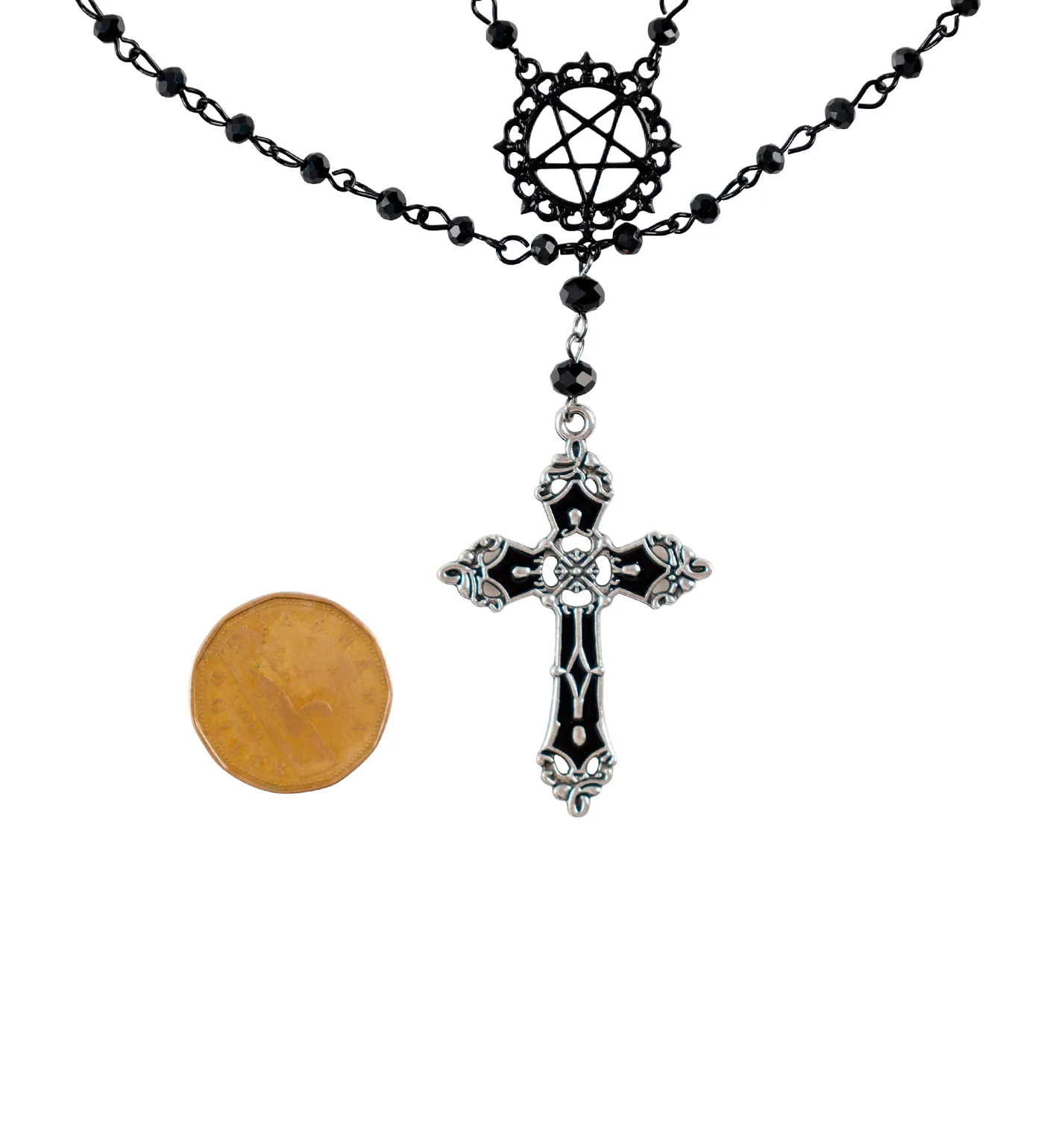 Double Layers Black Beads Cross W/Pentagram,Black/Silver(2A) - Image 3
