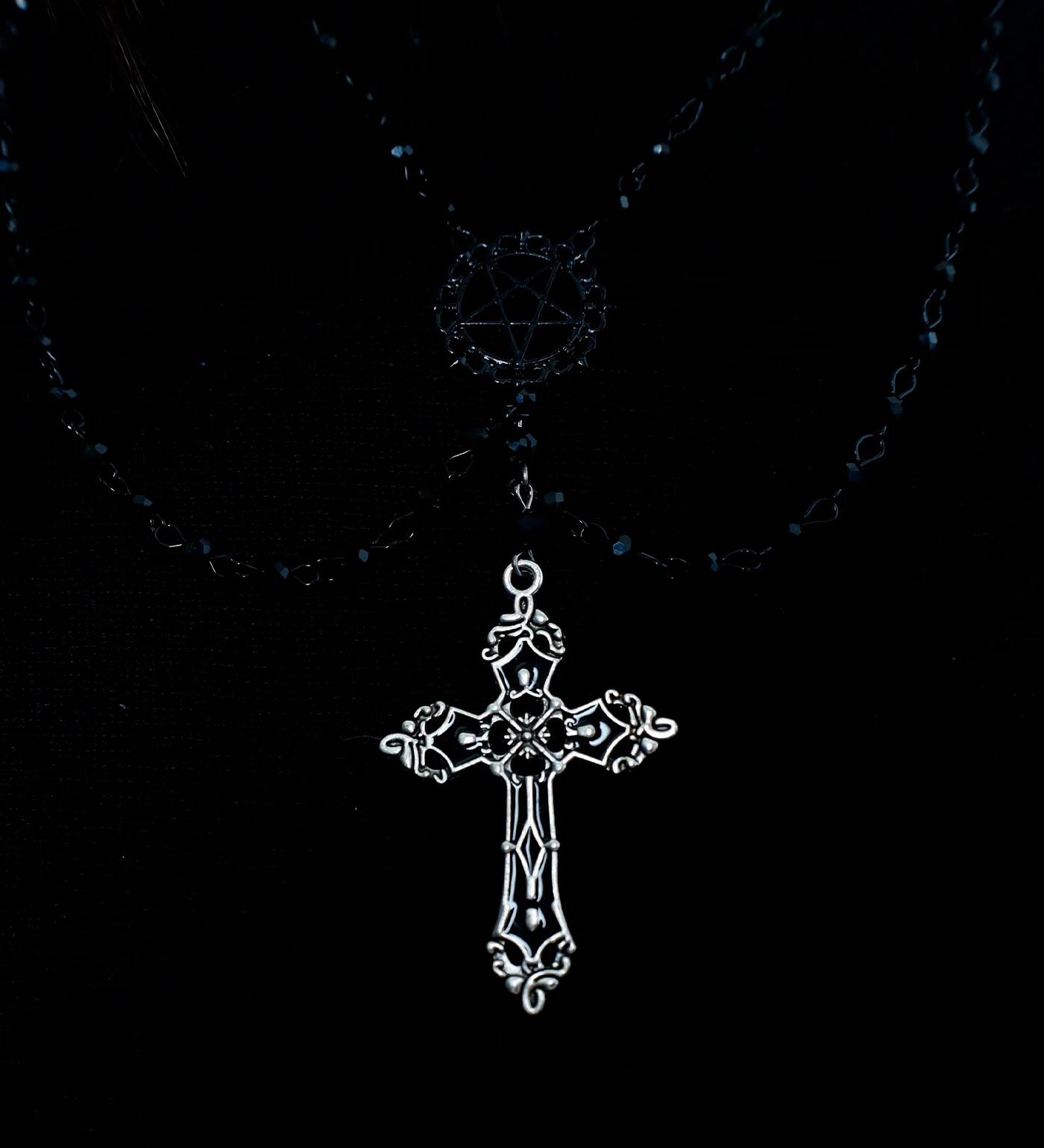 Double Layers Black Beads Cross W/Pentagram,Black/Silver(2A) - Image 4