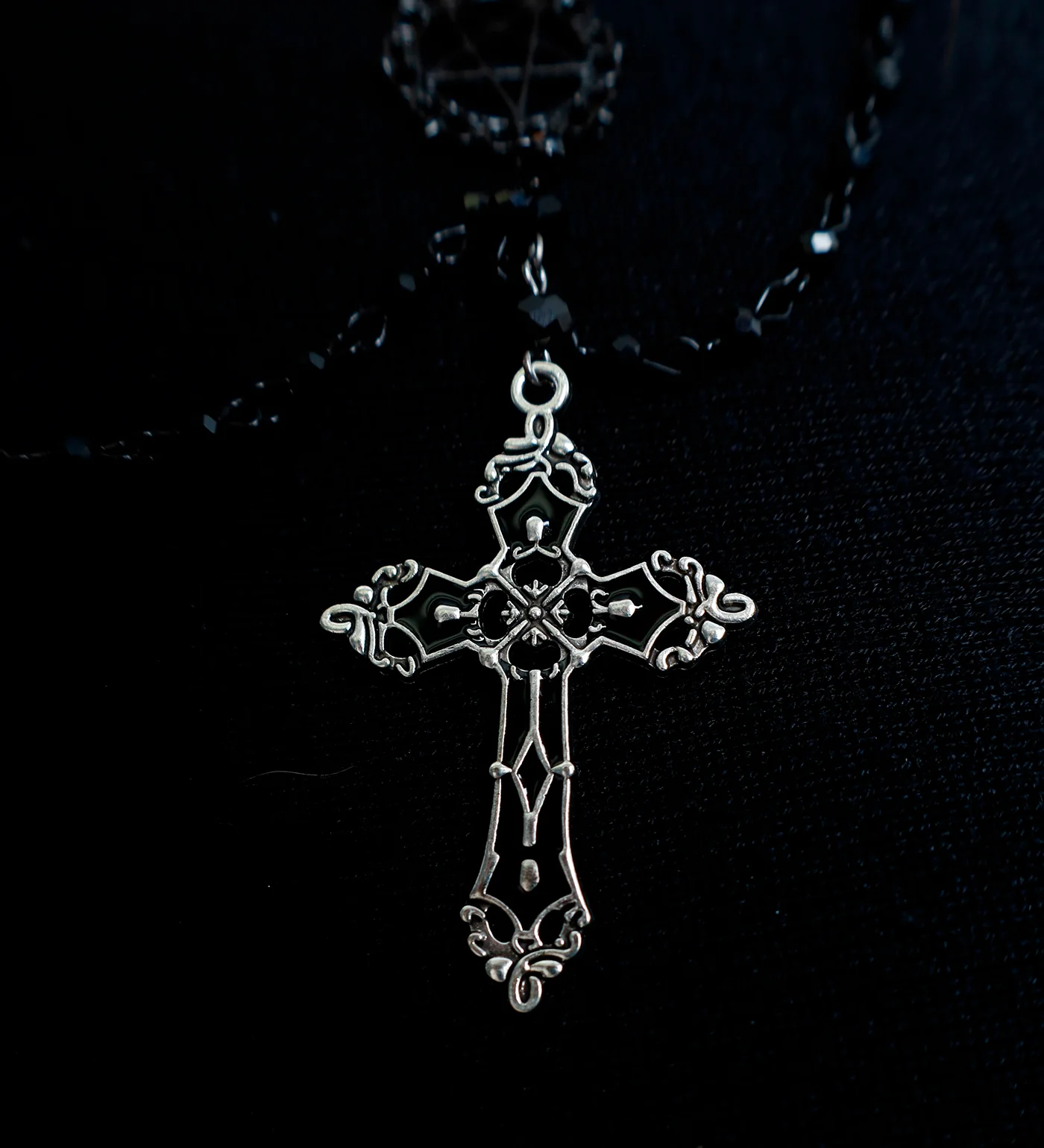 Double Layers Black Beads Cross W/Pentagram,Black/Silver(2A) - Image 5